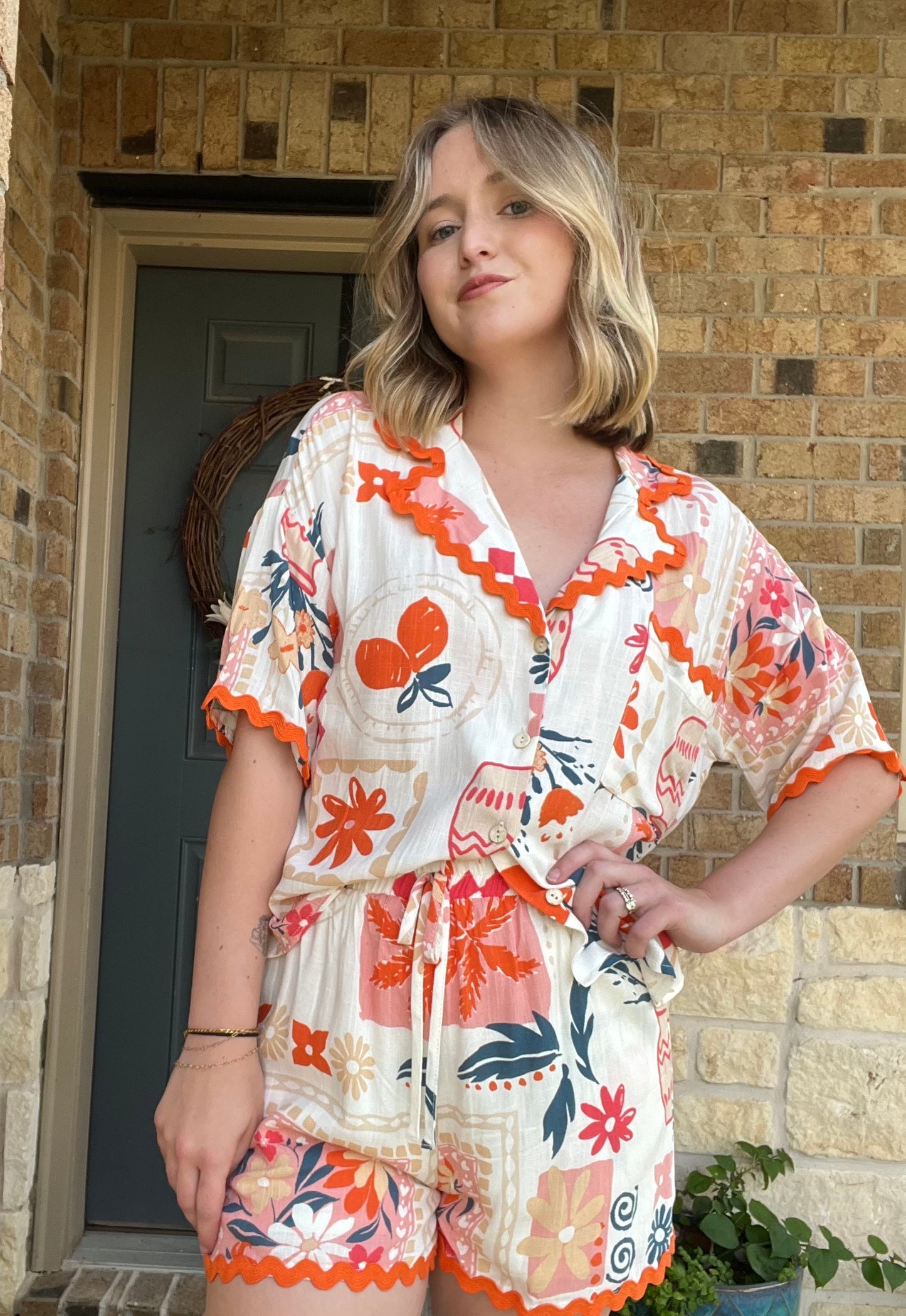 Orange Floral and Fruit Print Wavy Trim Drawstring Shorts