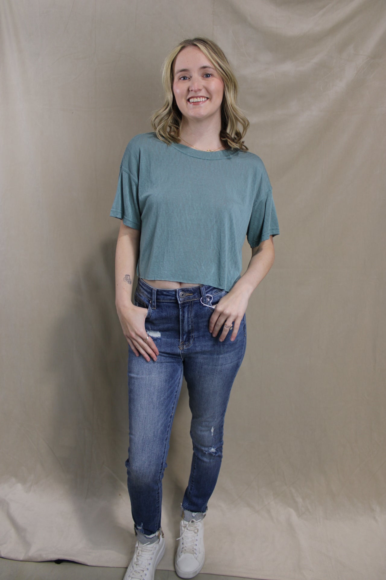 Cropped Butter Tee - Dusty Teal