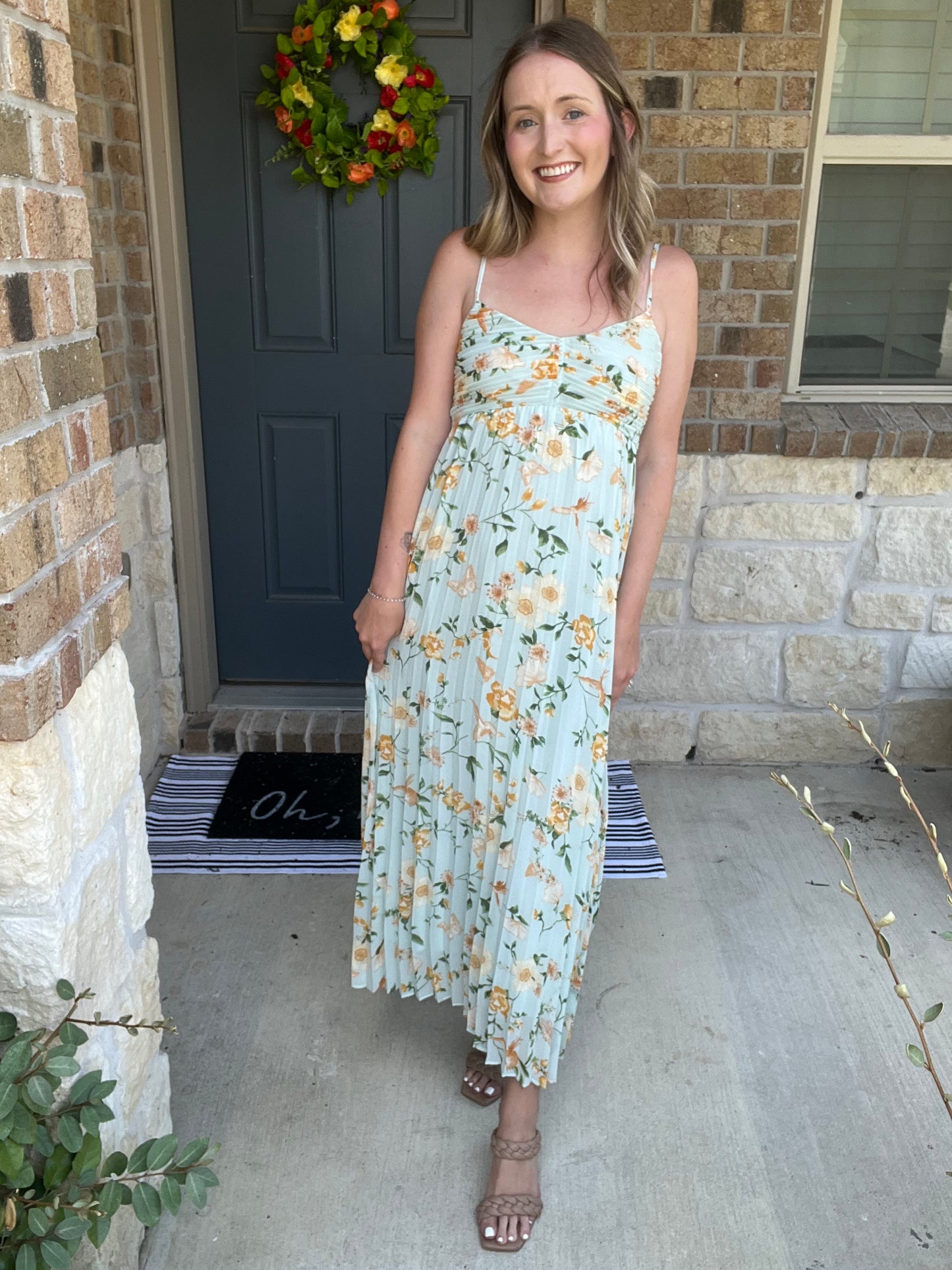 Light Sage Fluted Floral Maxi Dress