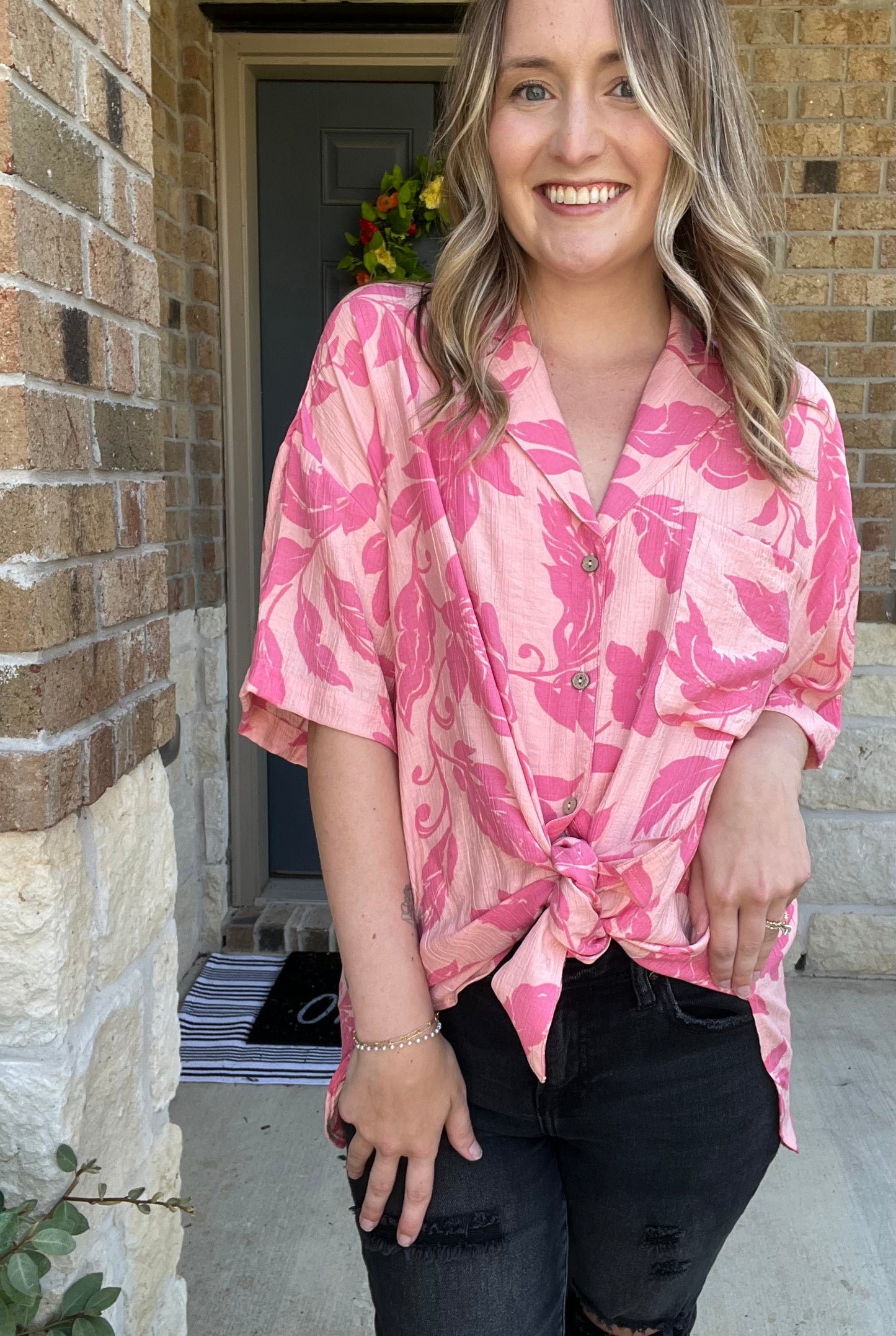 Blush Hawaiian Button Down Short Sleeve Top