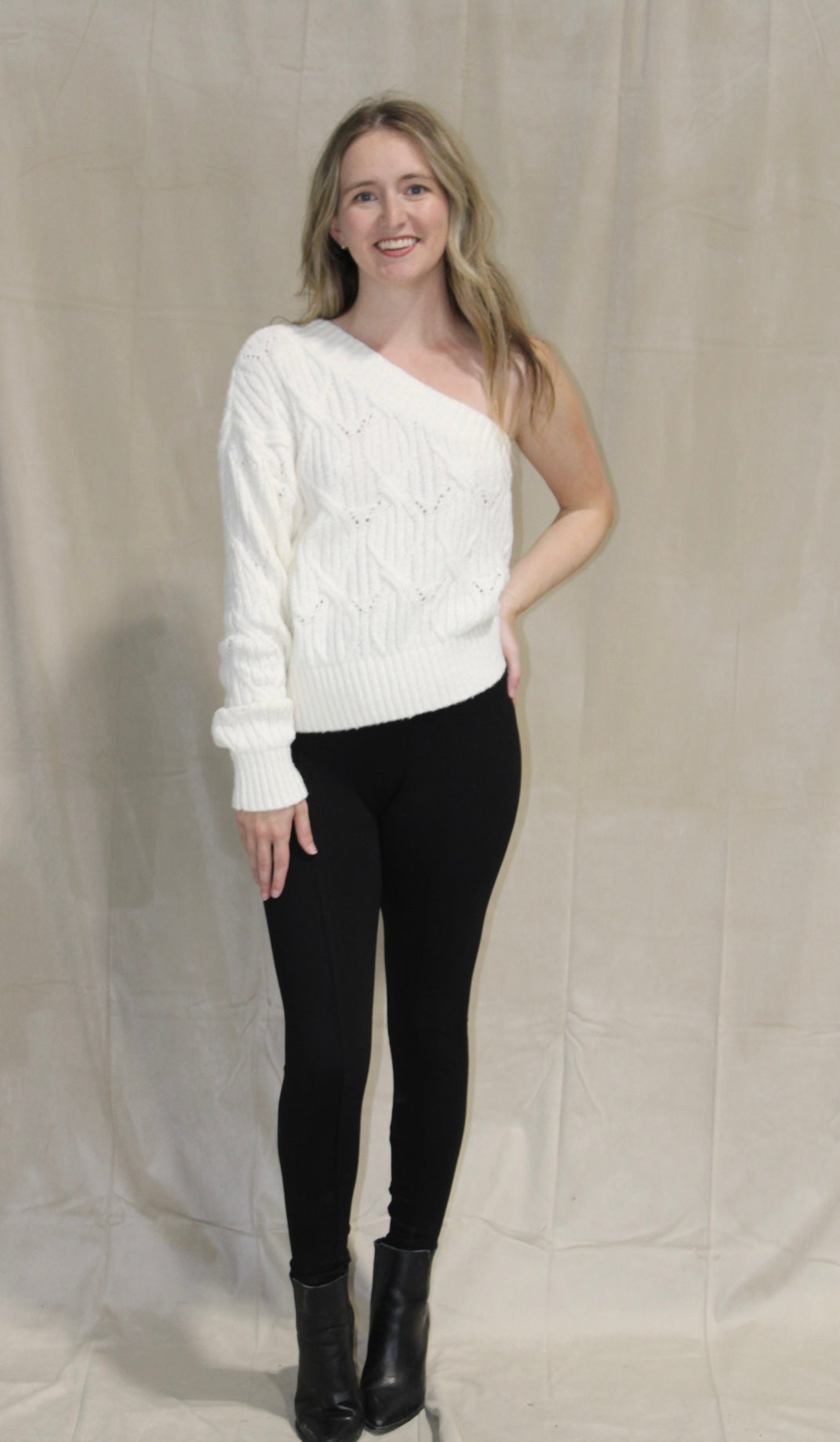 One Shoulder Cable Knit White Sweater