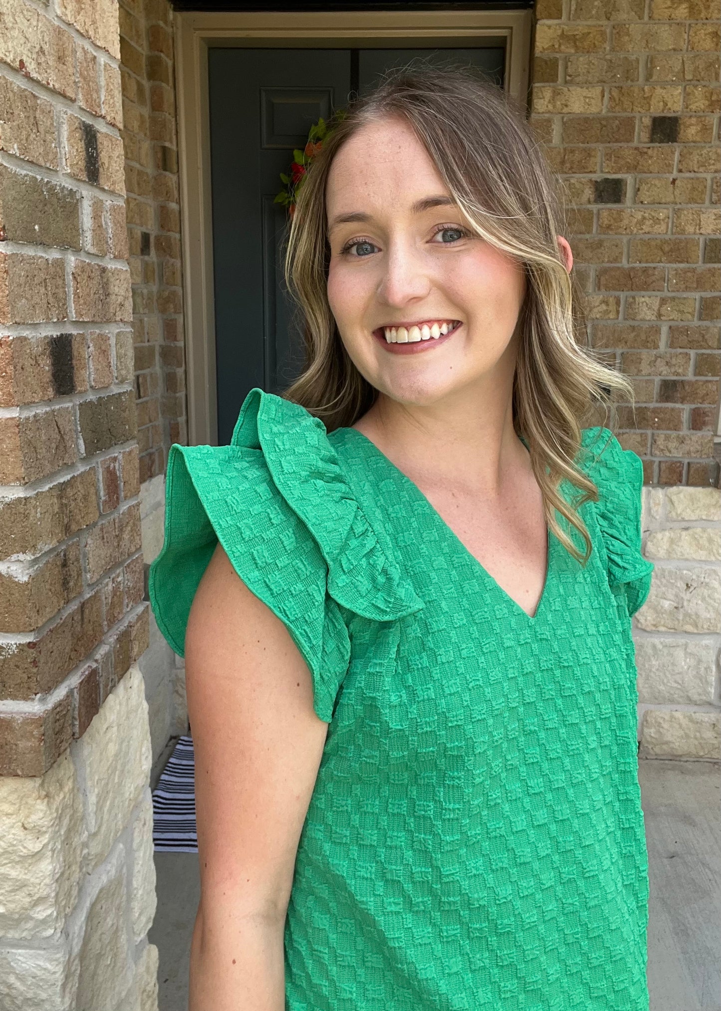 Kelly Green Checker Pattern Ruffle Sleeve Top