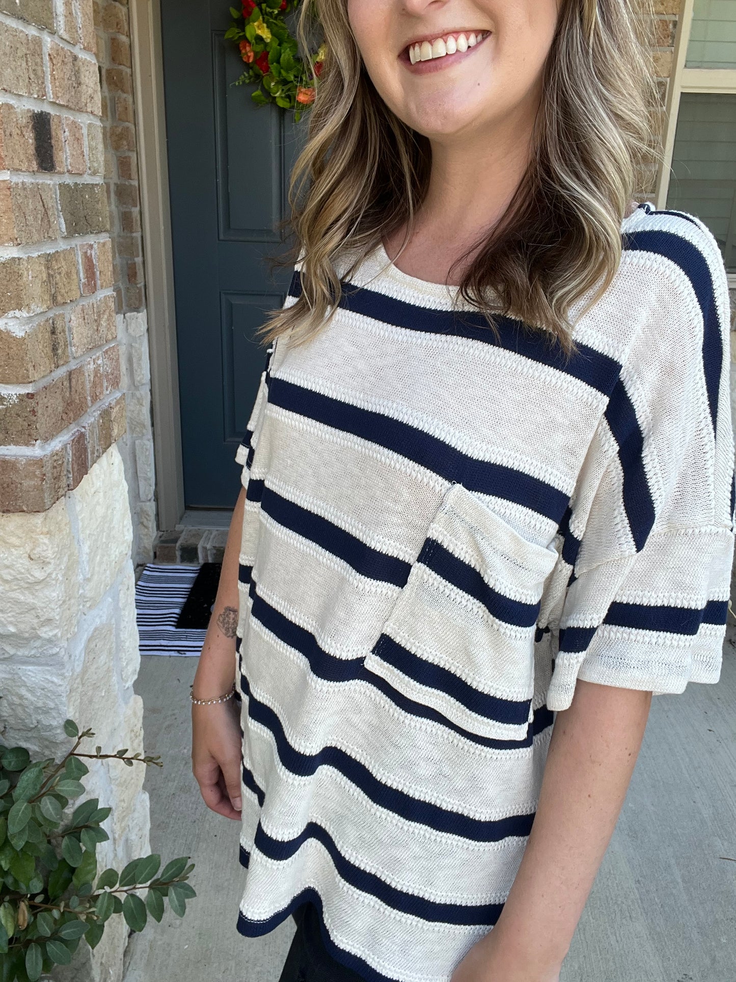 Navy and Cream Striped Knit Relaxed Tee
