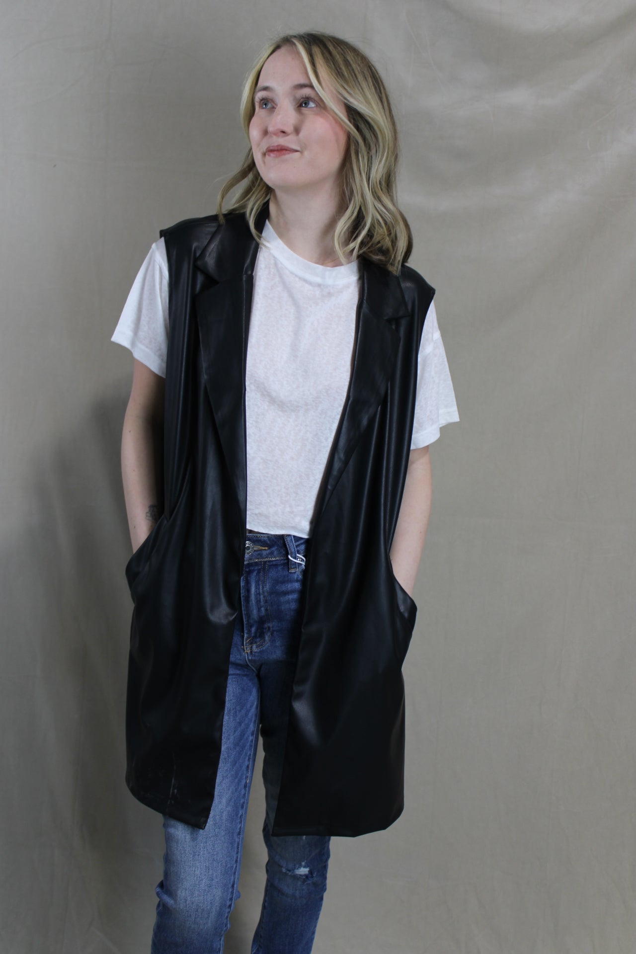 Vegan Leather Long Collared Vest