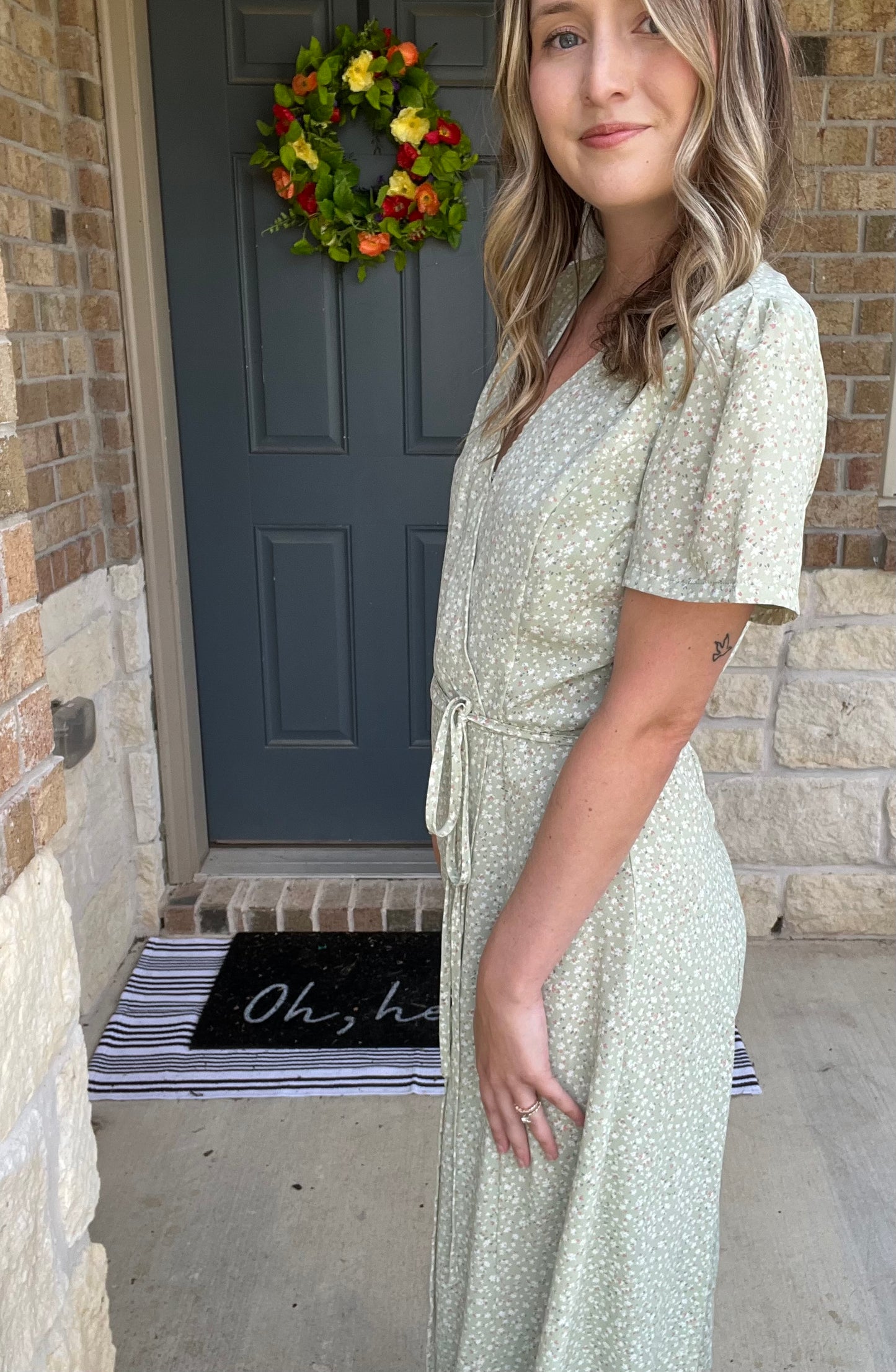 Light Green Floral Waist Tie Wrap Dress