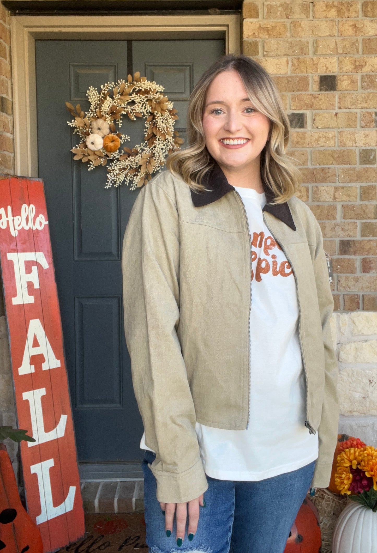 Khaki Corduroy Contrast Bomber Zip-up Jacket