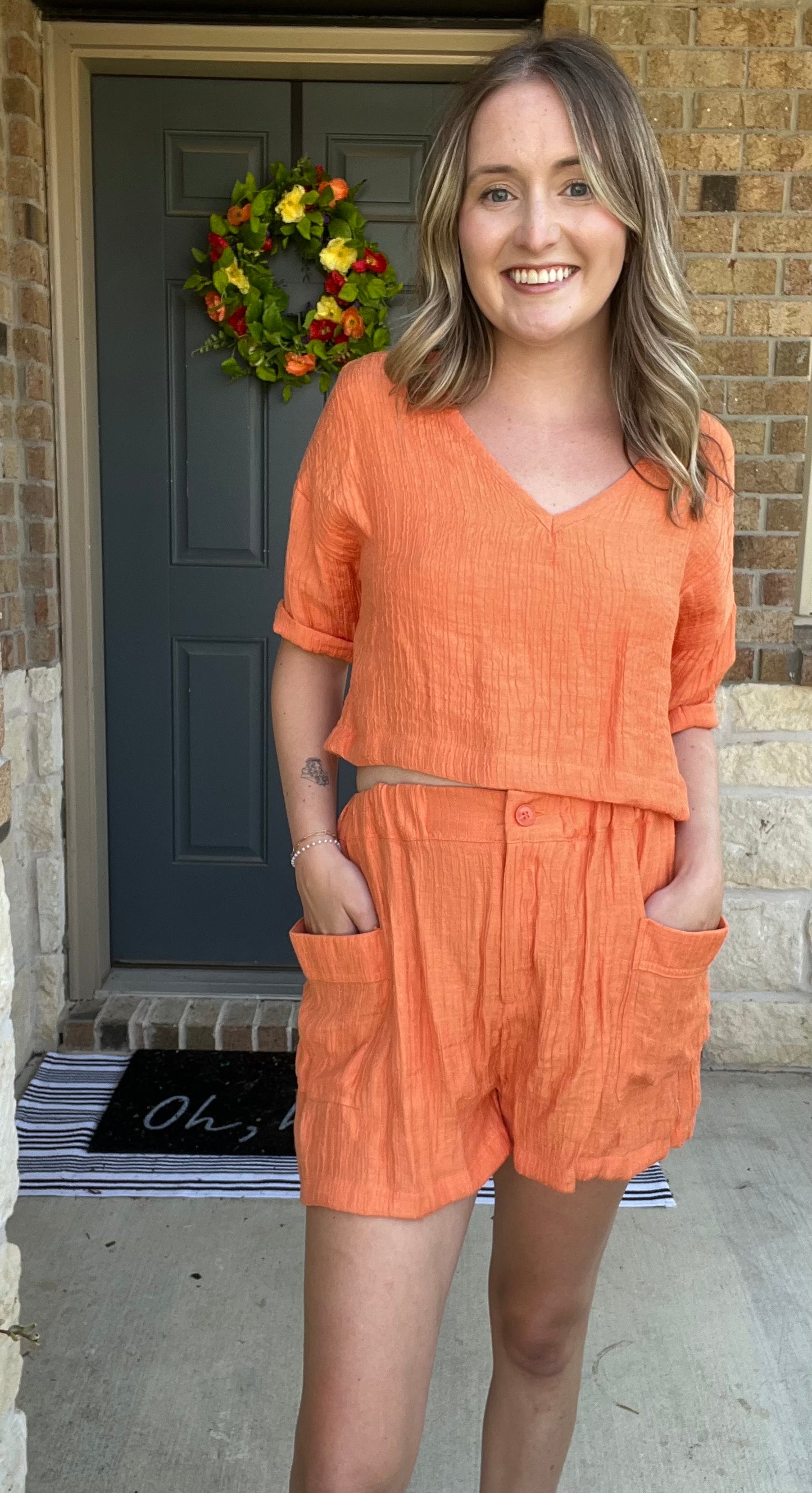 Orange Linen V-Neck Cropped Top