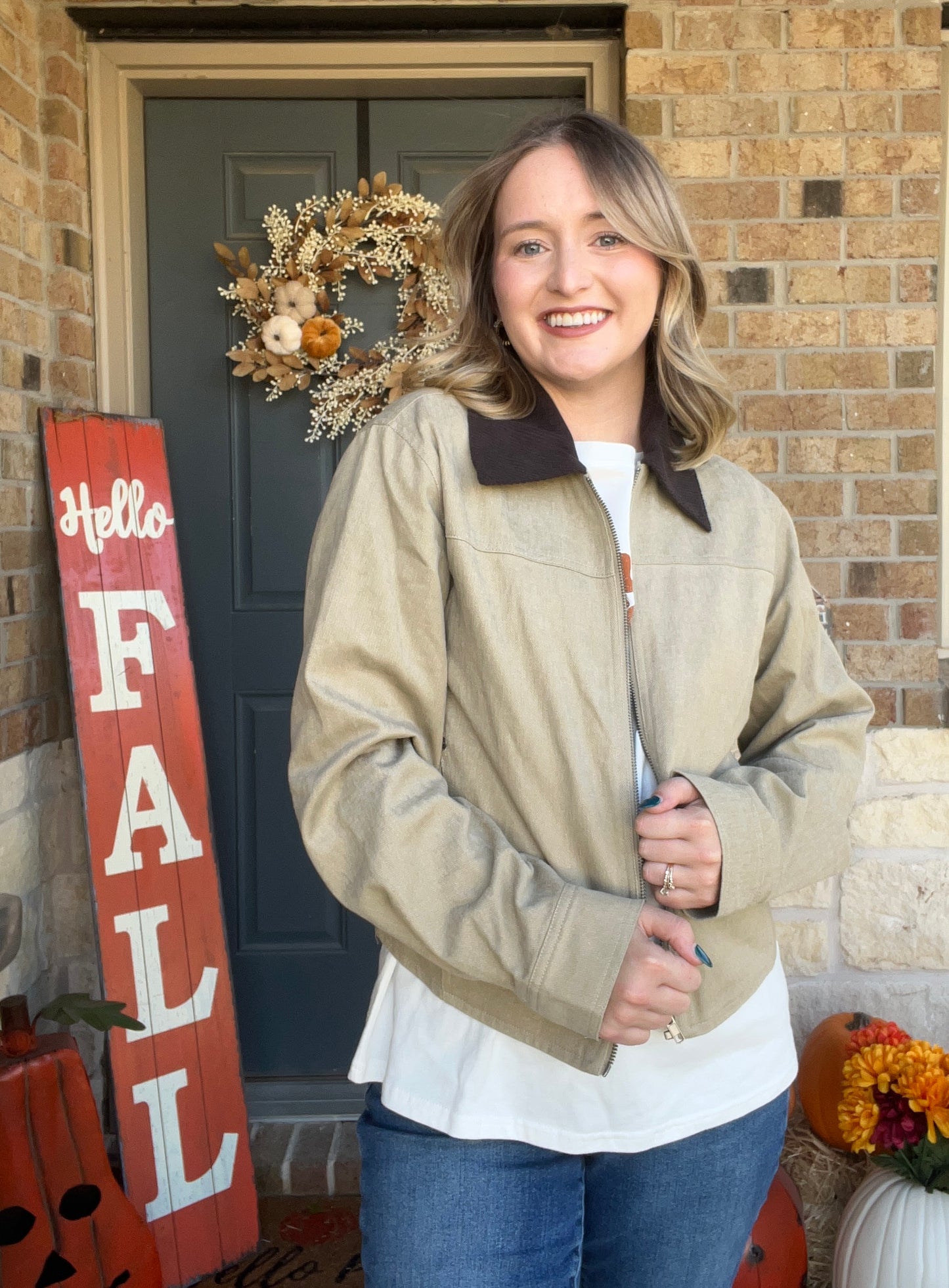 Khaki Corduroy Contrast Bomber Zip-up Jacket