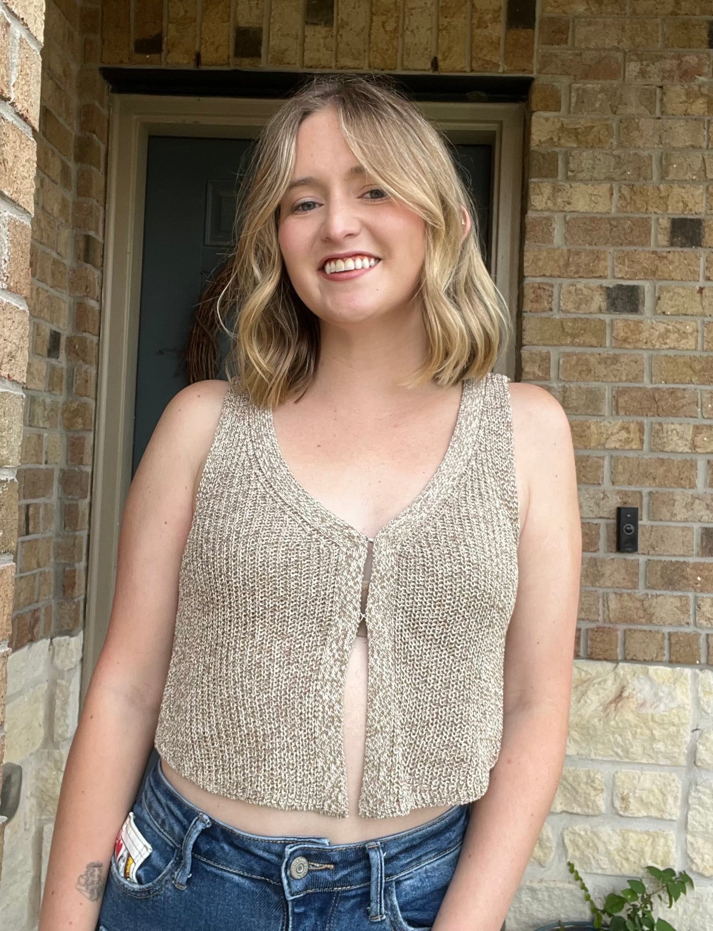 Taupe Front Hook Cropped Knit Cardigan Vest