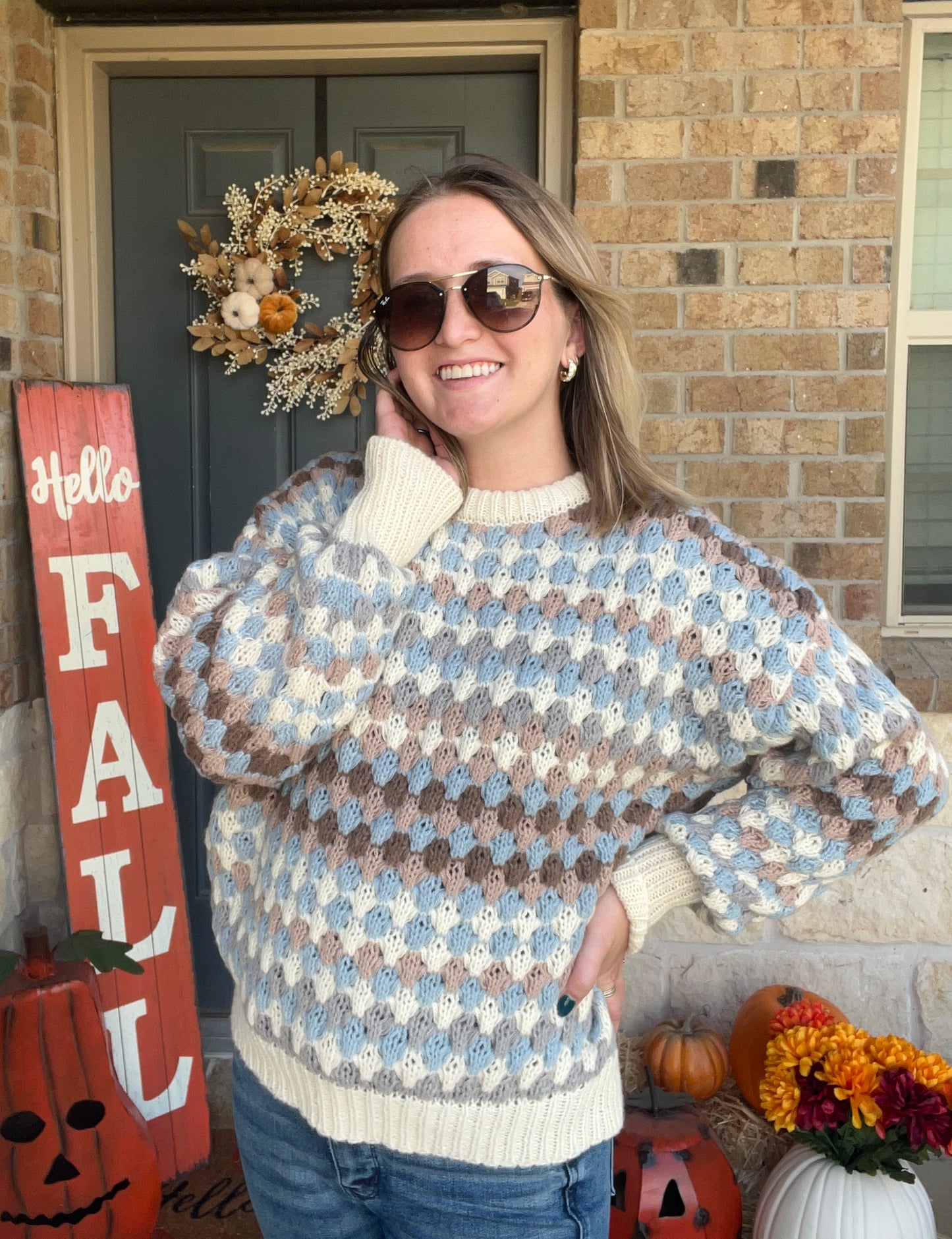 Cream and Blue Multi Crochet Striped Sweater