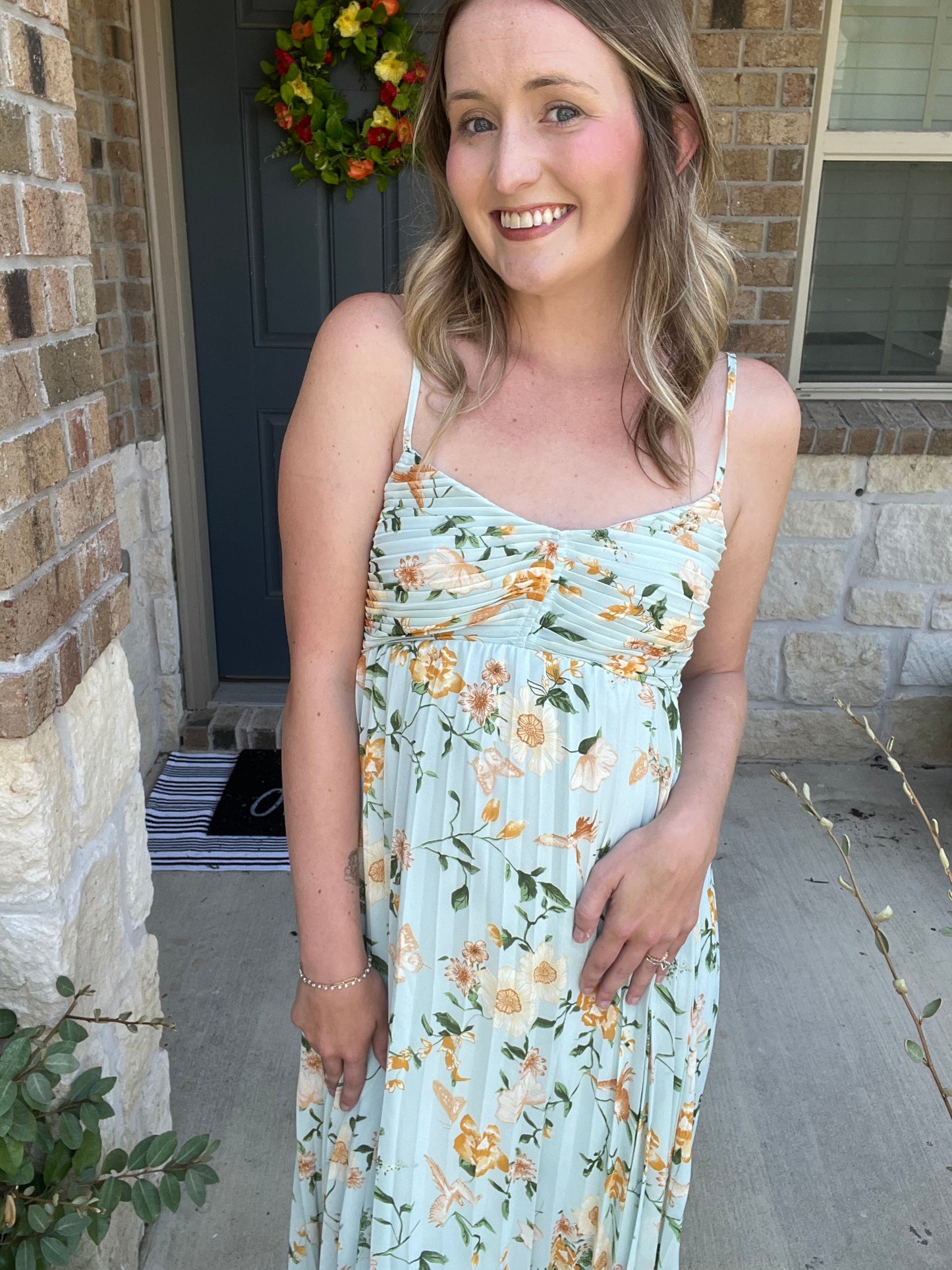 Light Sage Fluted Floral Maxi Dress