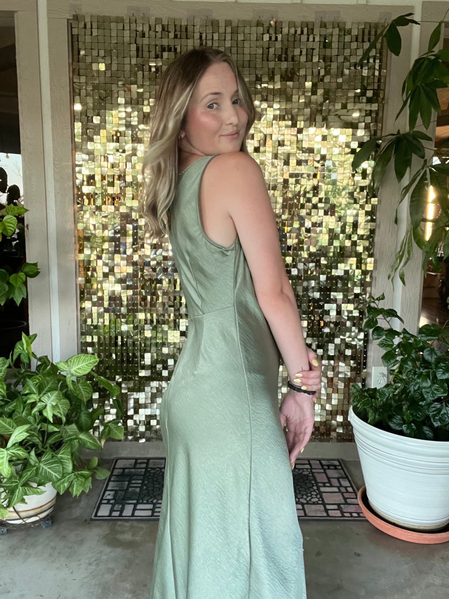 Olive Satin High Neck Cowl Neck Midi Dress