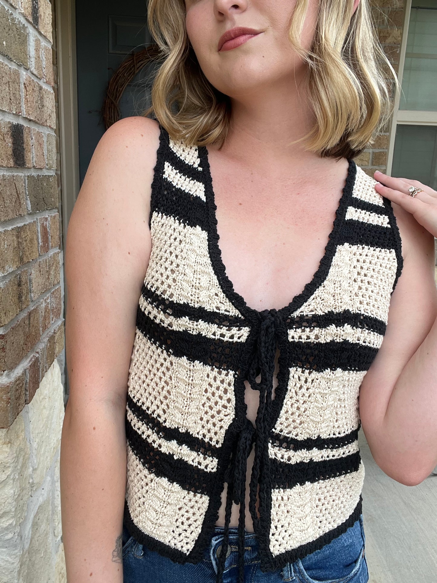 Natural and Black Striped Crochet Knit Front Tie Vest