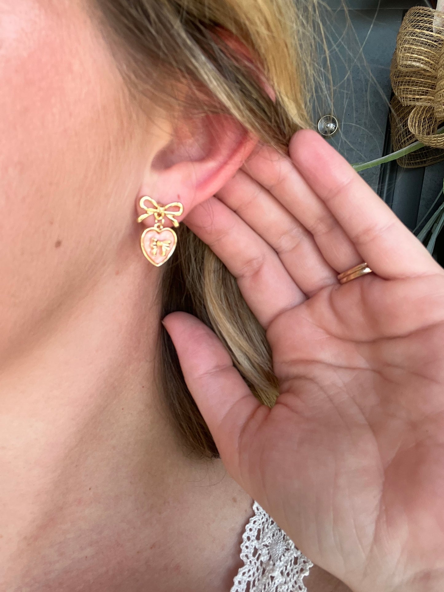 Gold Bow Stud with Pink Mother of Pearl Heart Earrings