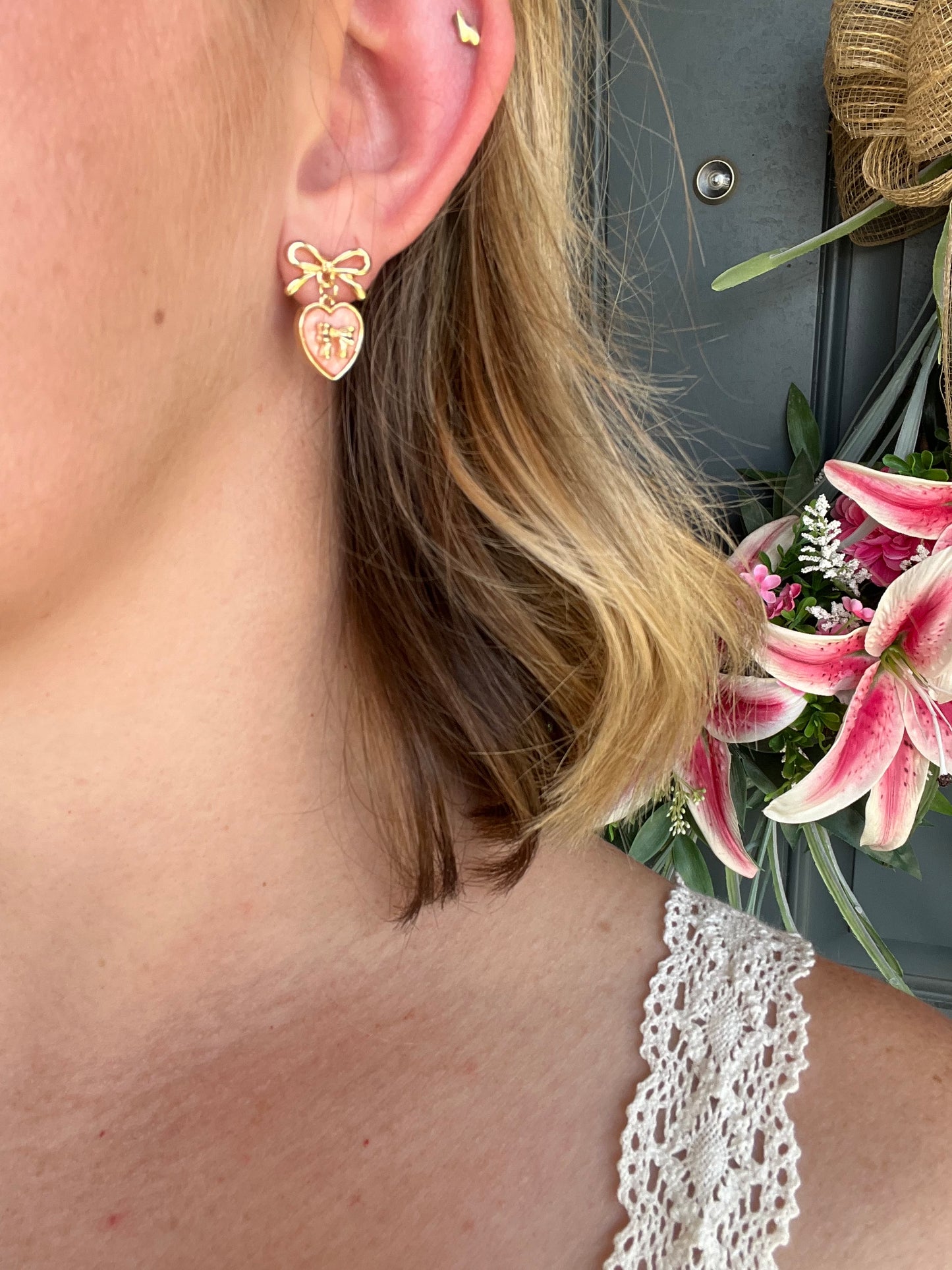 Gold Bow Stud with Pink Mother of Pearl Heart Earrings