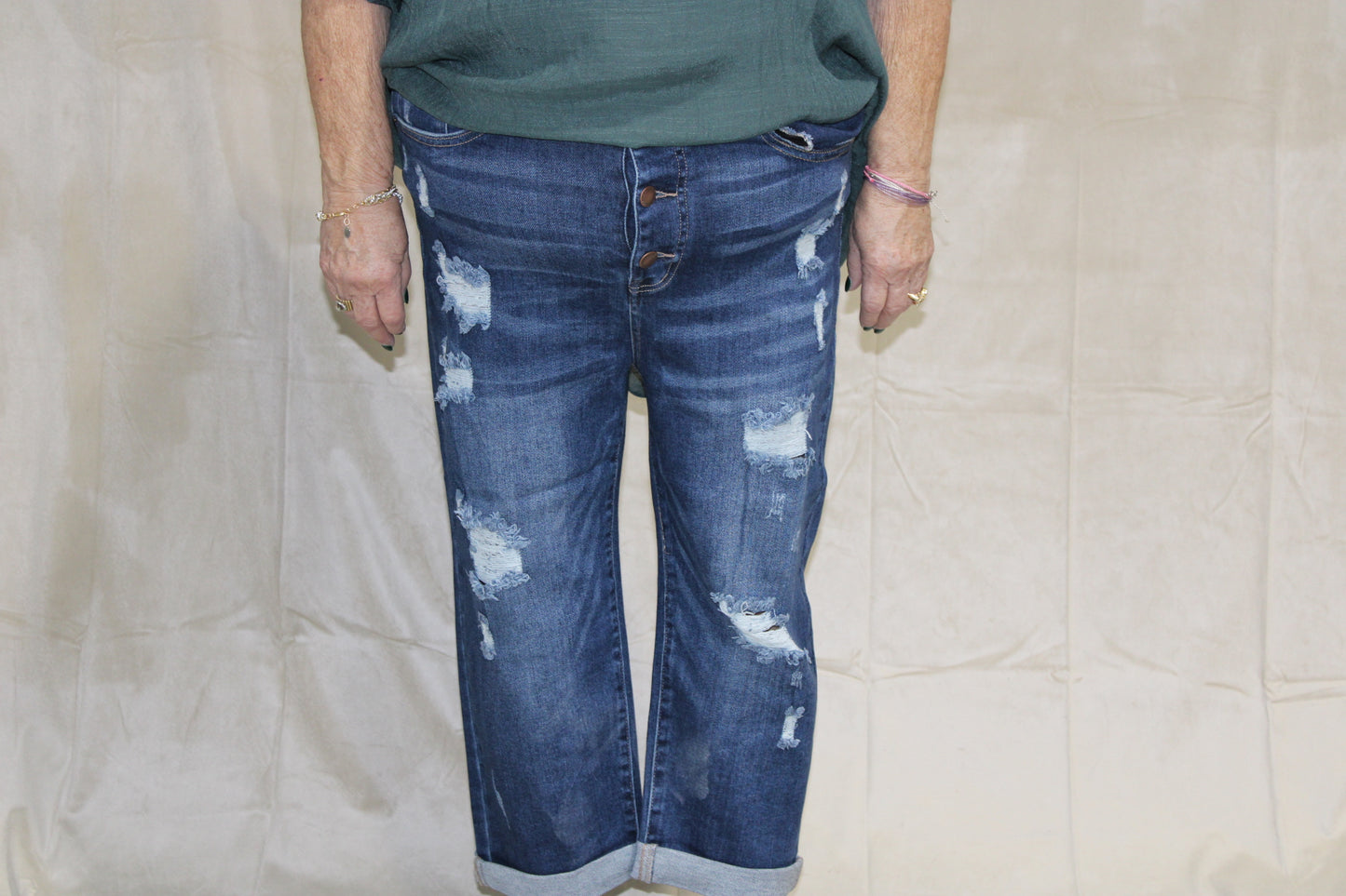 Risen Plus Mid Rise Button Fly Distressed Capri Jeans