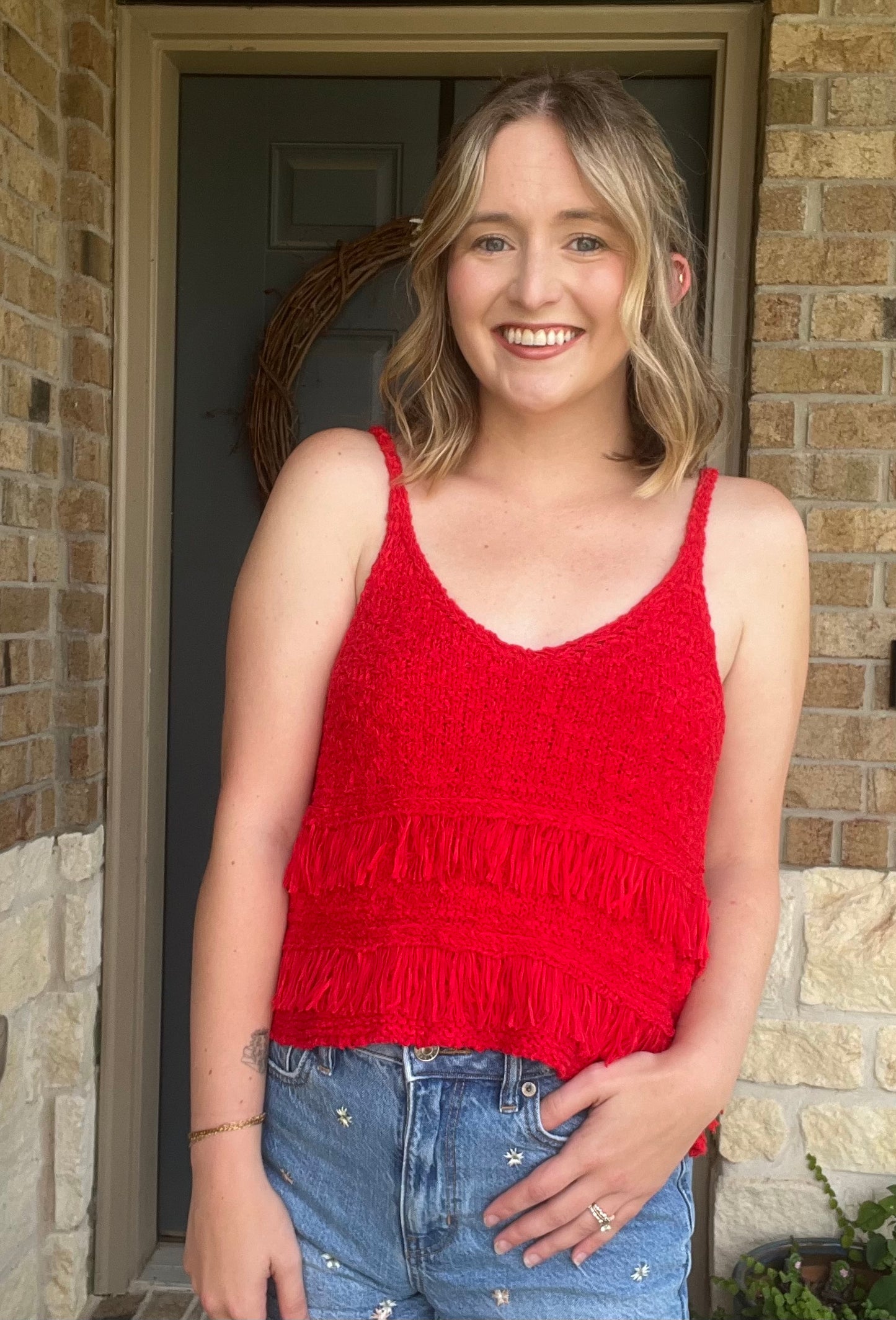 Red Lucie Fringe Knitted Tassel Tank