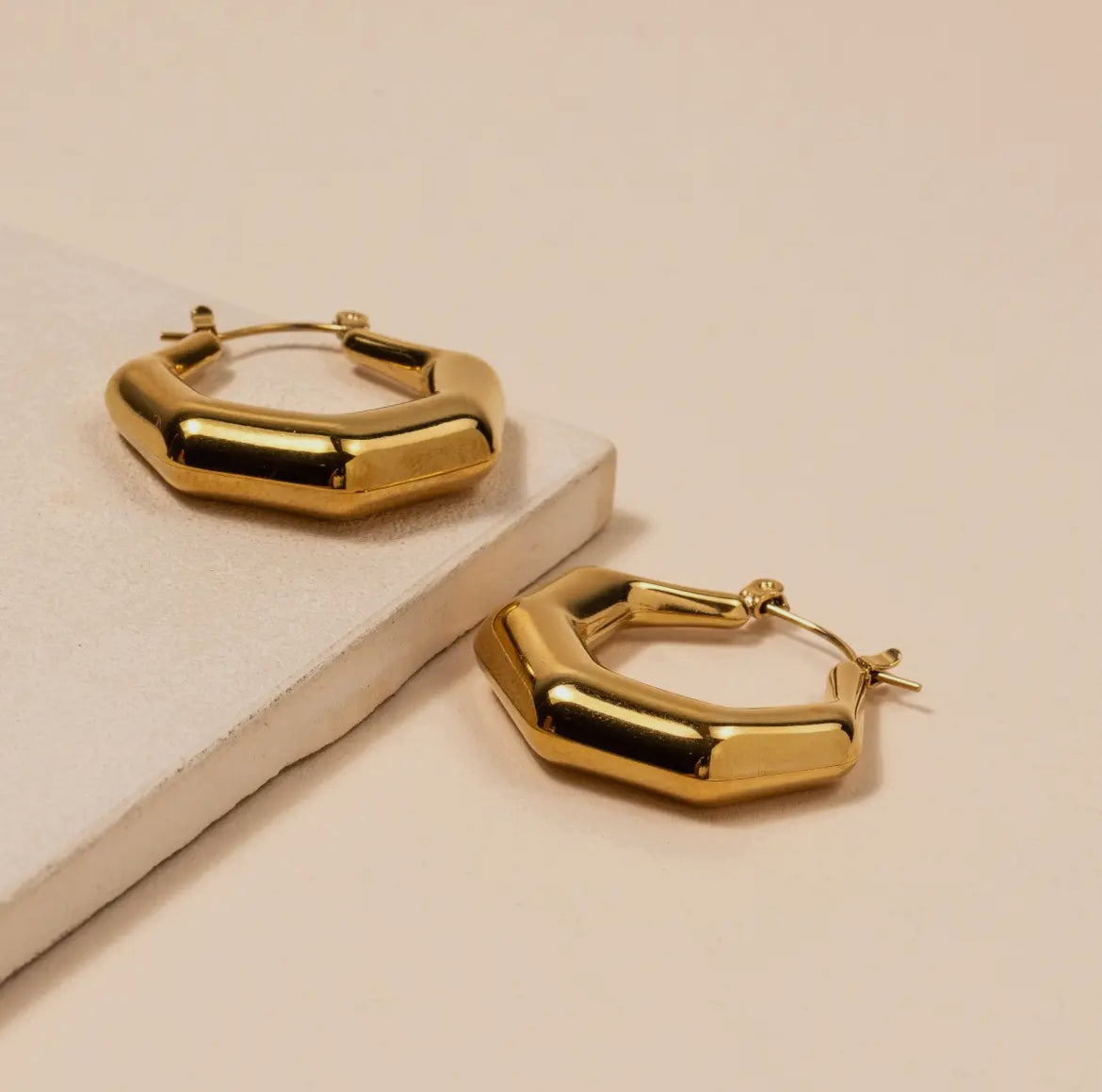 Gold Hollow 18kt Plated Hexagon Hoop Earrings