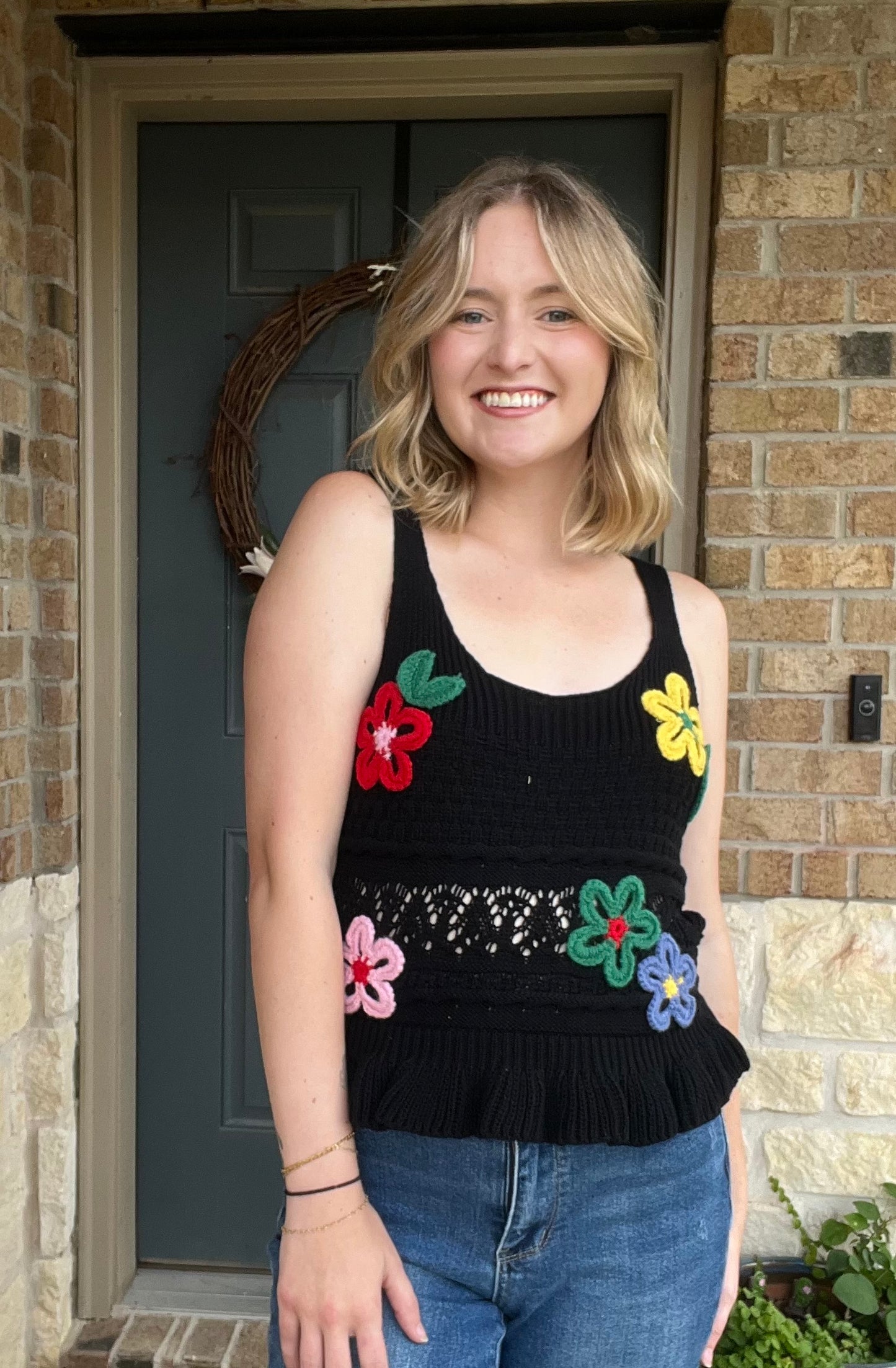 Black Embroidered Floral Scoop Neck Ruffle Hem Knit Top