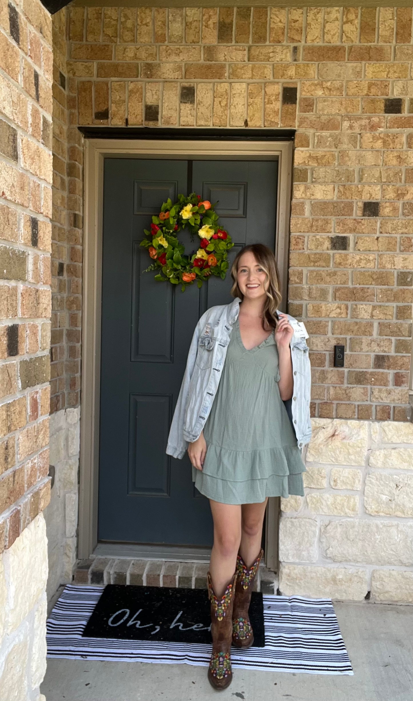 Sage Ruffle Cotton Sleeveless Dress