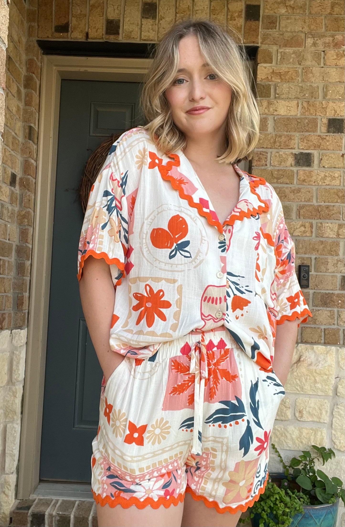 Orange Floral and Fruit Print Wavy Trim Collared Shirt