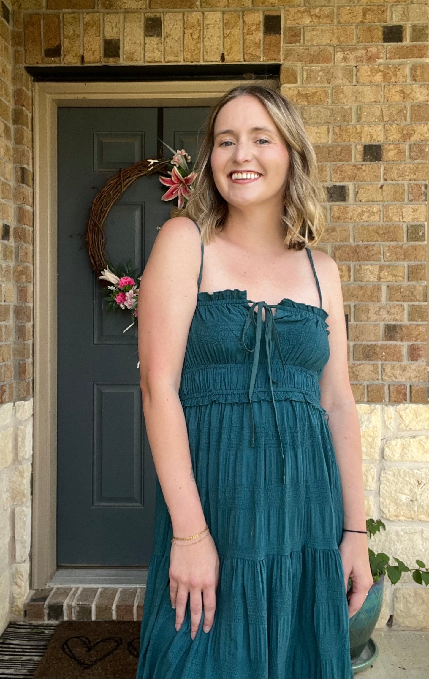 Emerald Green Tiered Sleeveless Tie Front Maxi Dress