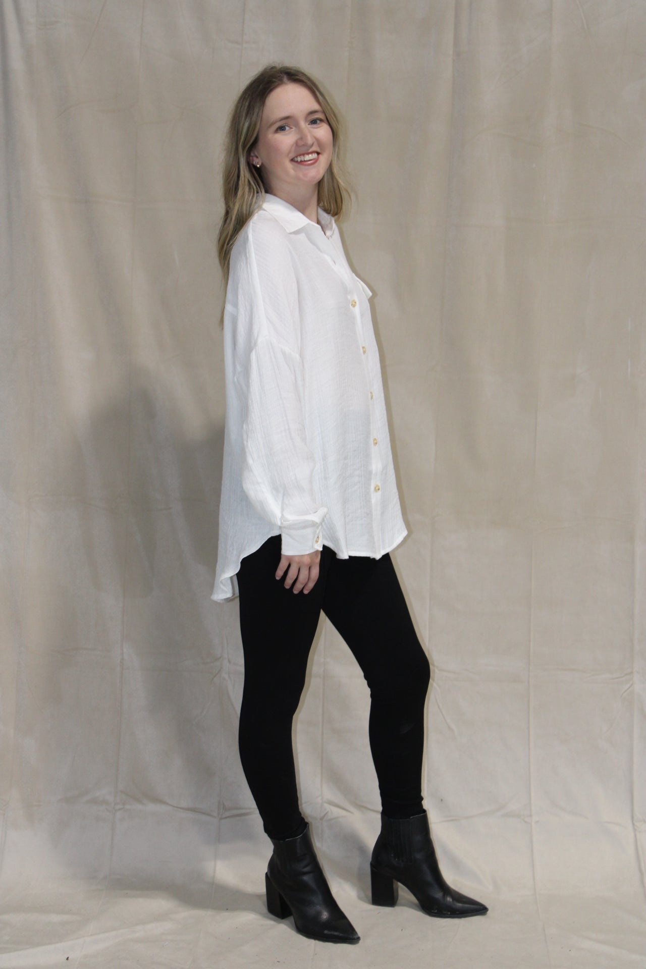 White Linen Button Down Top