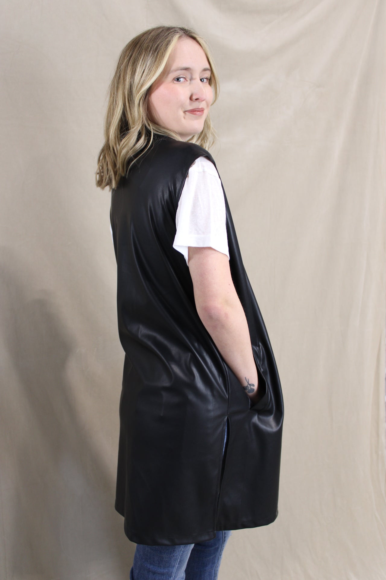 Vegan Leather Long Collared Vest