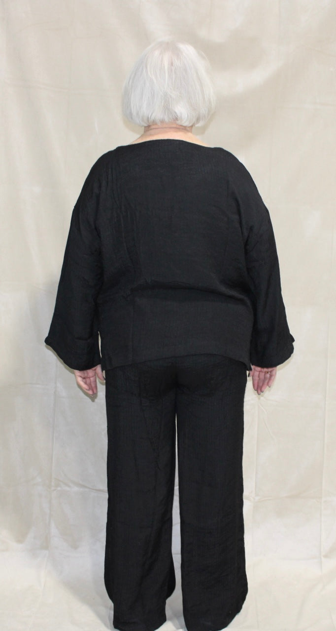 Plus Black Linen Long Sleeve Top