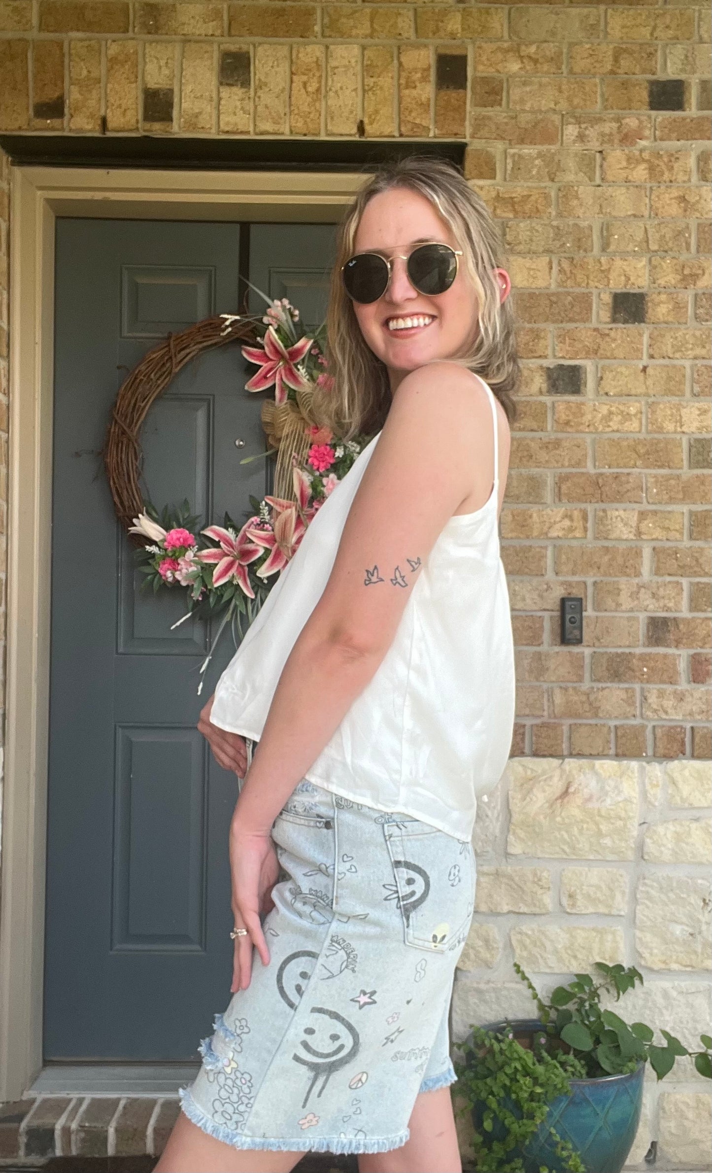 Washed Denim Hippie Printed Long Denim Shorts