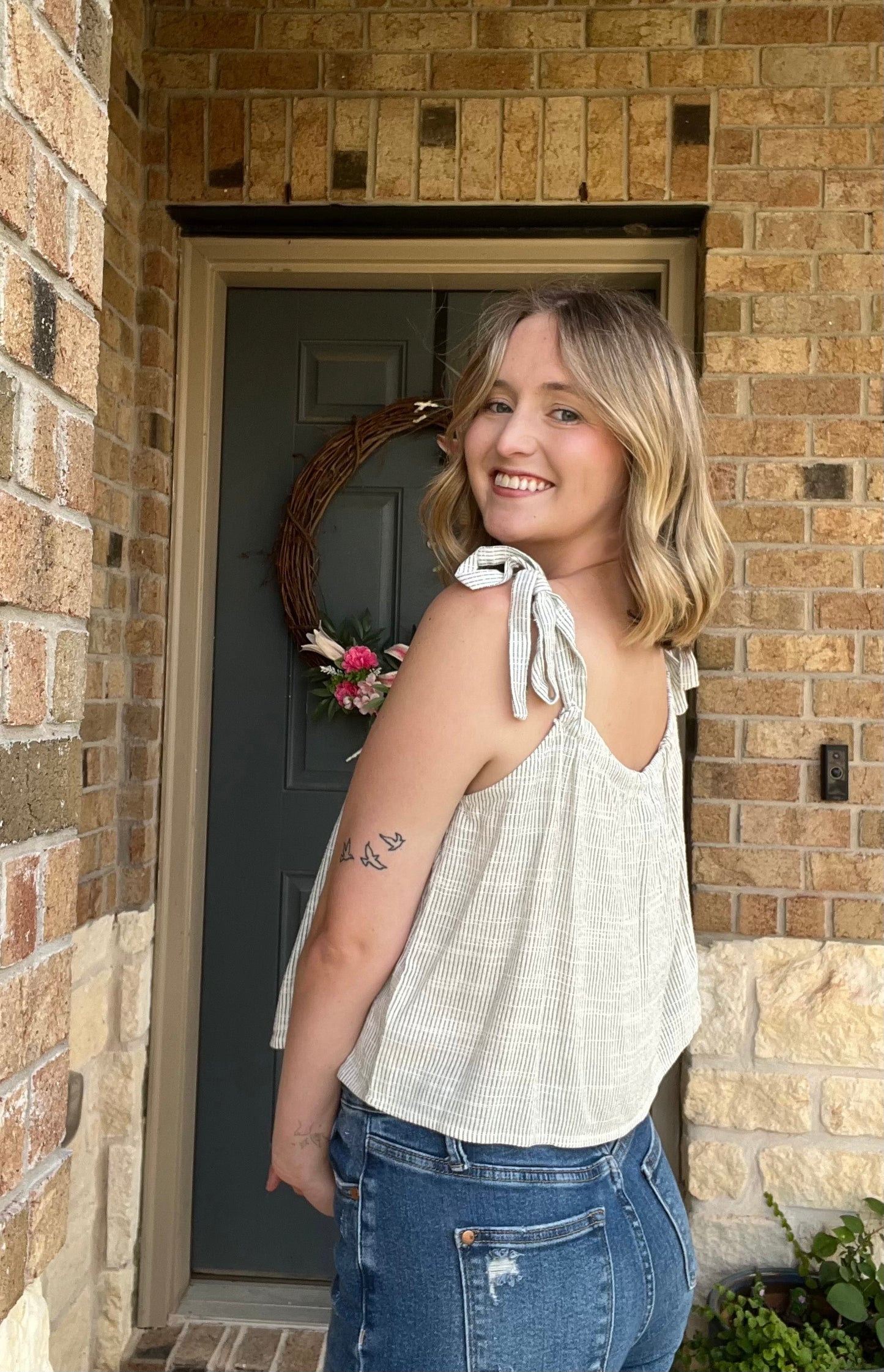Black and Ivory Mojave Tie Strap Button Tank
