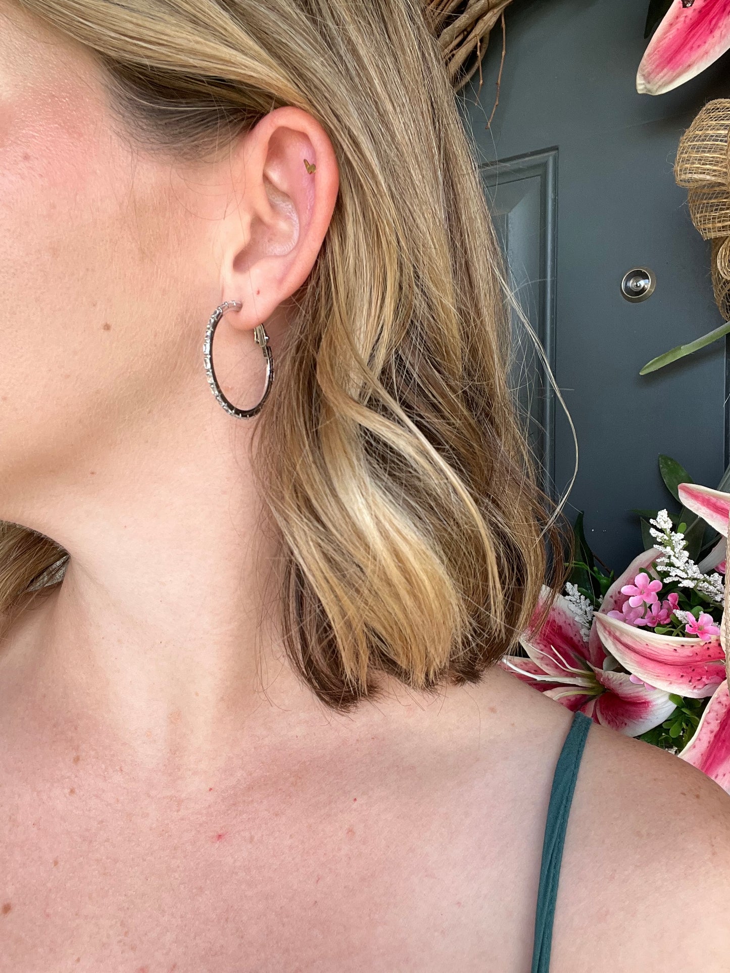 Medium Silver Hoops with Rectangular Gems