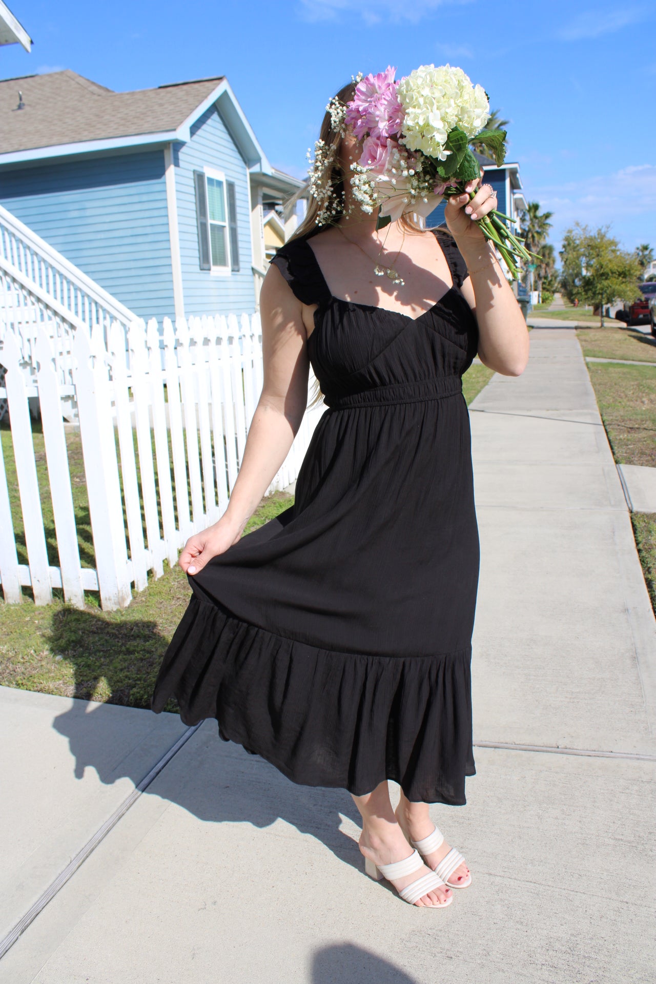 Black Linen V-Neck Ruffle Midi Dress