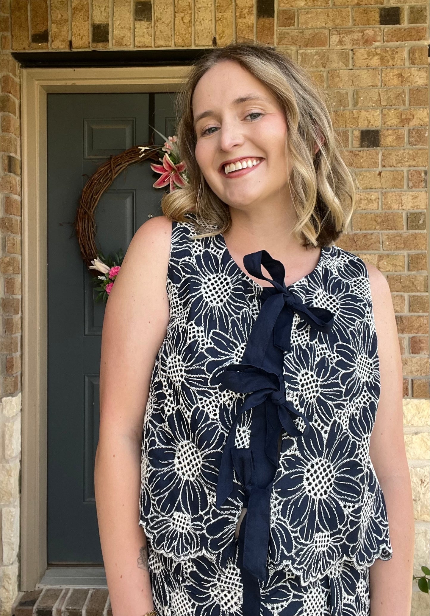 Navy White Floral Embroidered Bow Tie Front Top