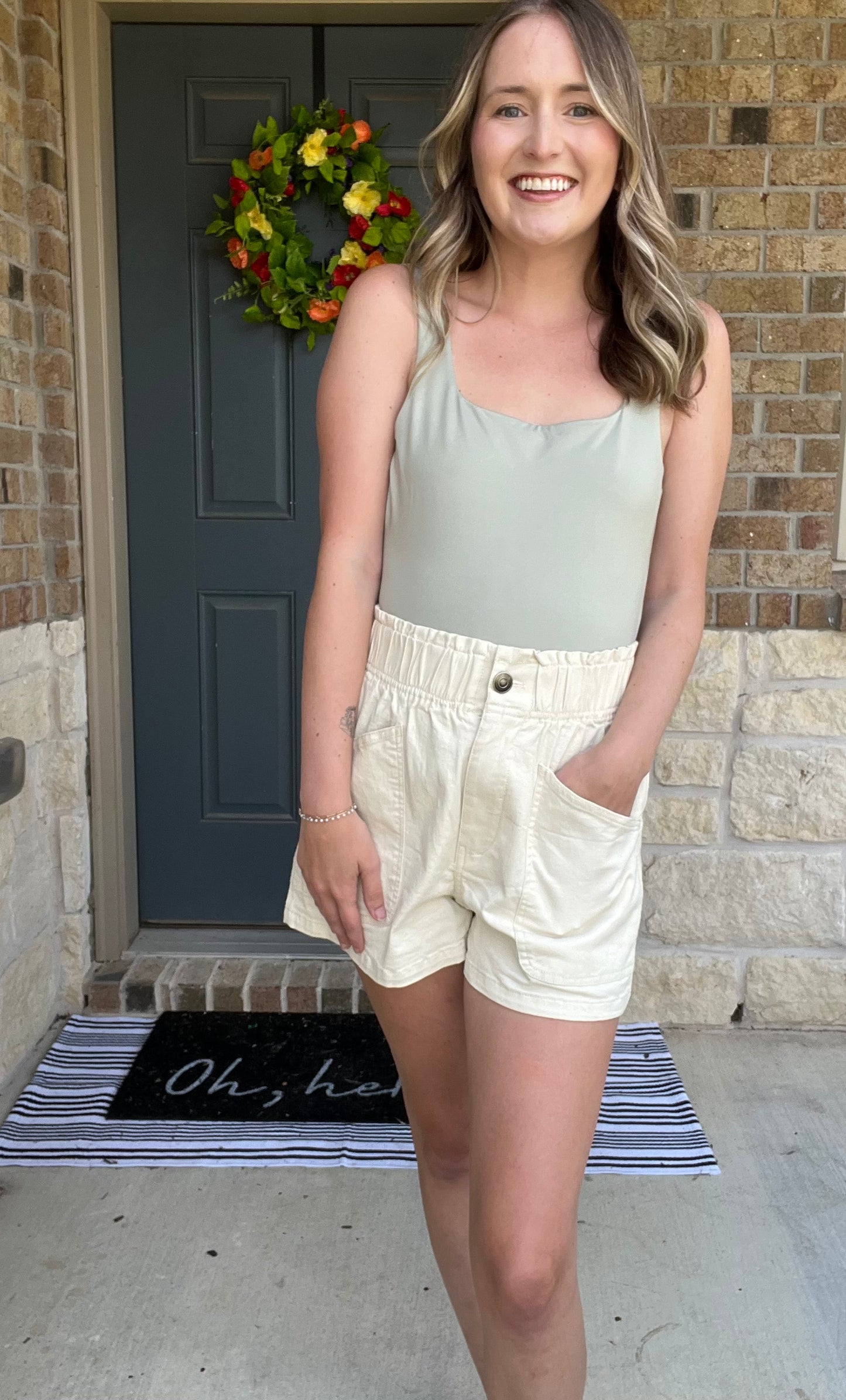 Ecru Canvas High Waisted Button Up Shorts