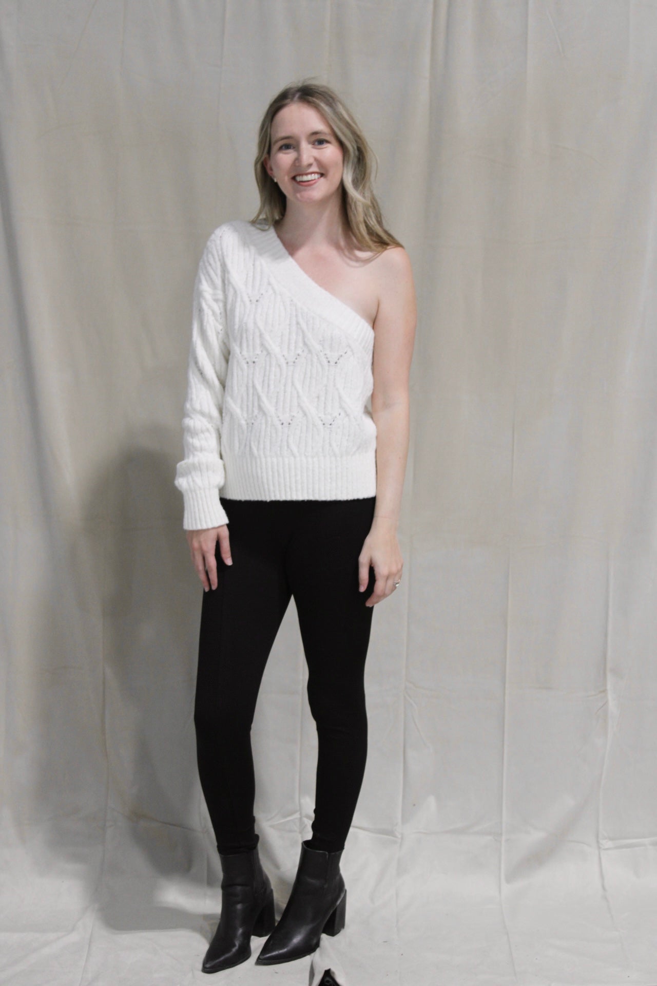 One Shoulder Cable Knit White Sweater