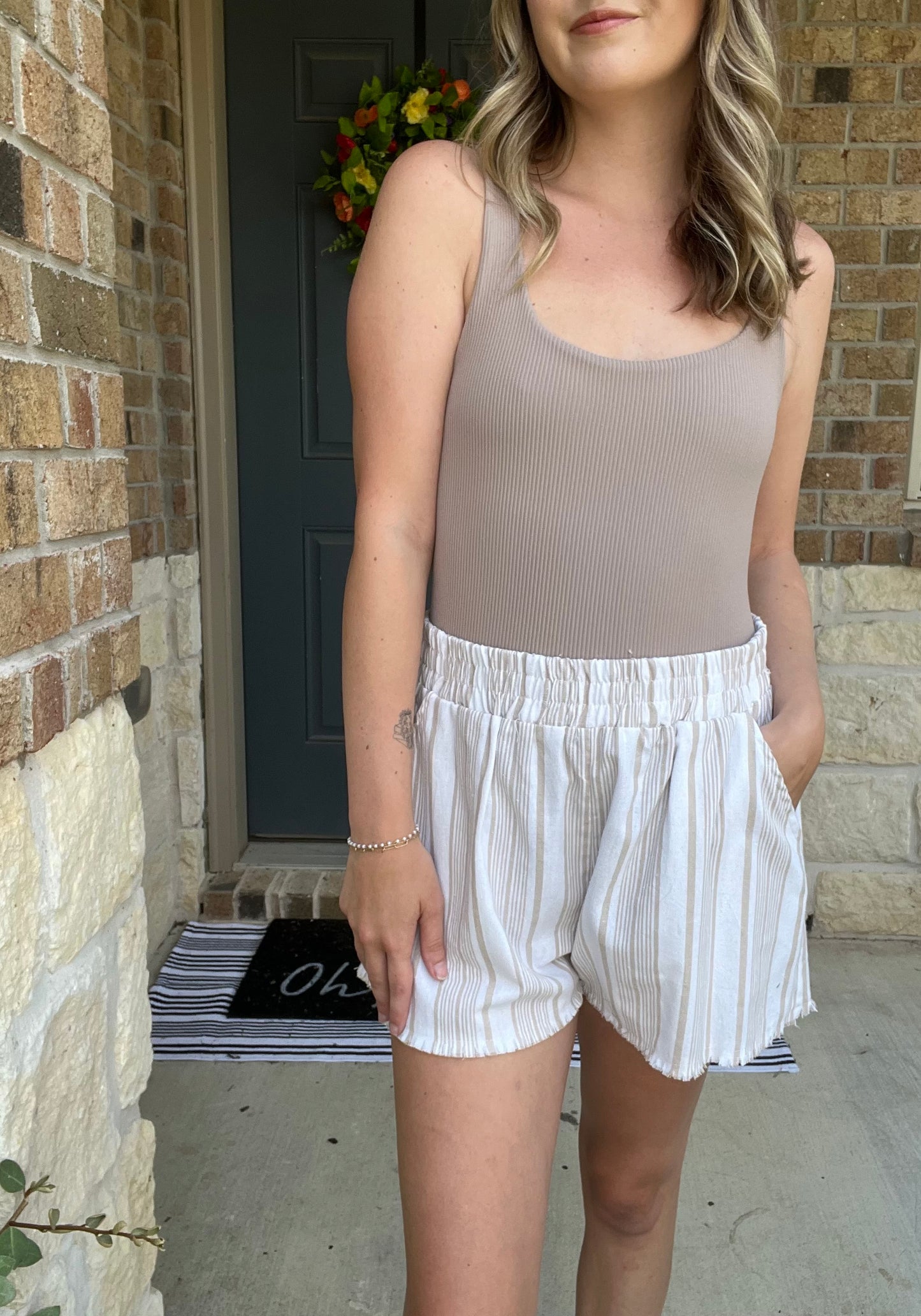 Cream and Khaki Striped Linen Shorts