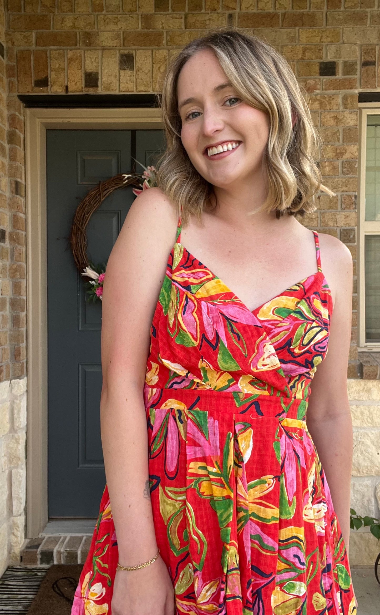 Hot Coral Sleeveless Floral Wrap Dress