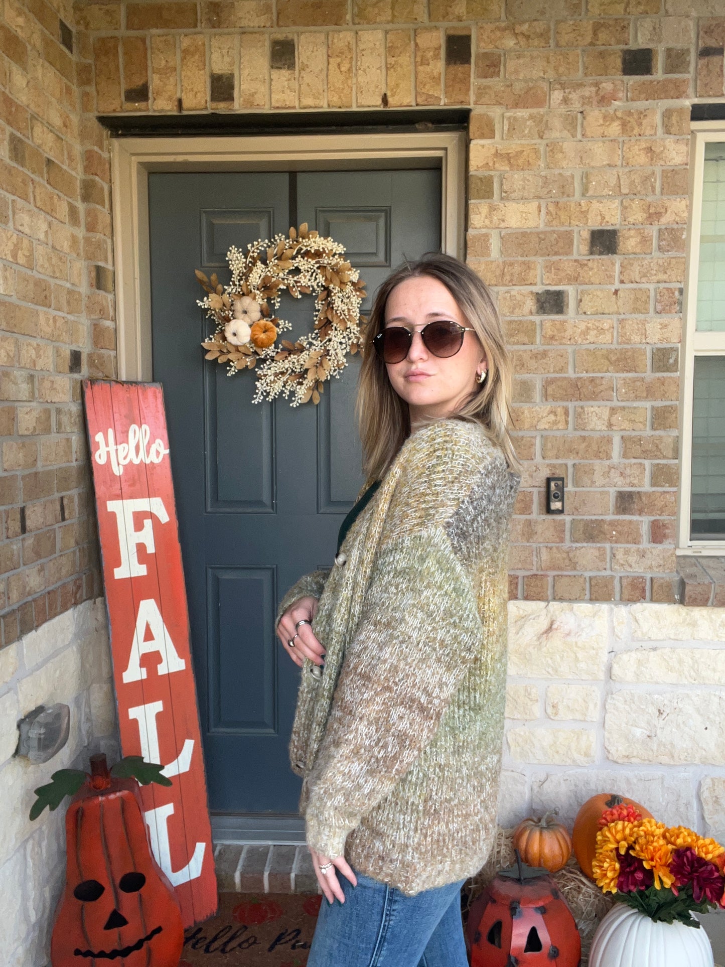 Olive Brown Smiley Ombre Fuzzy Knit Cardigan