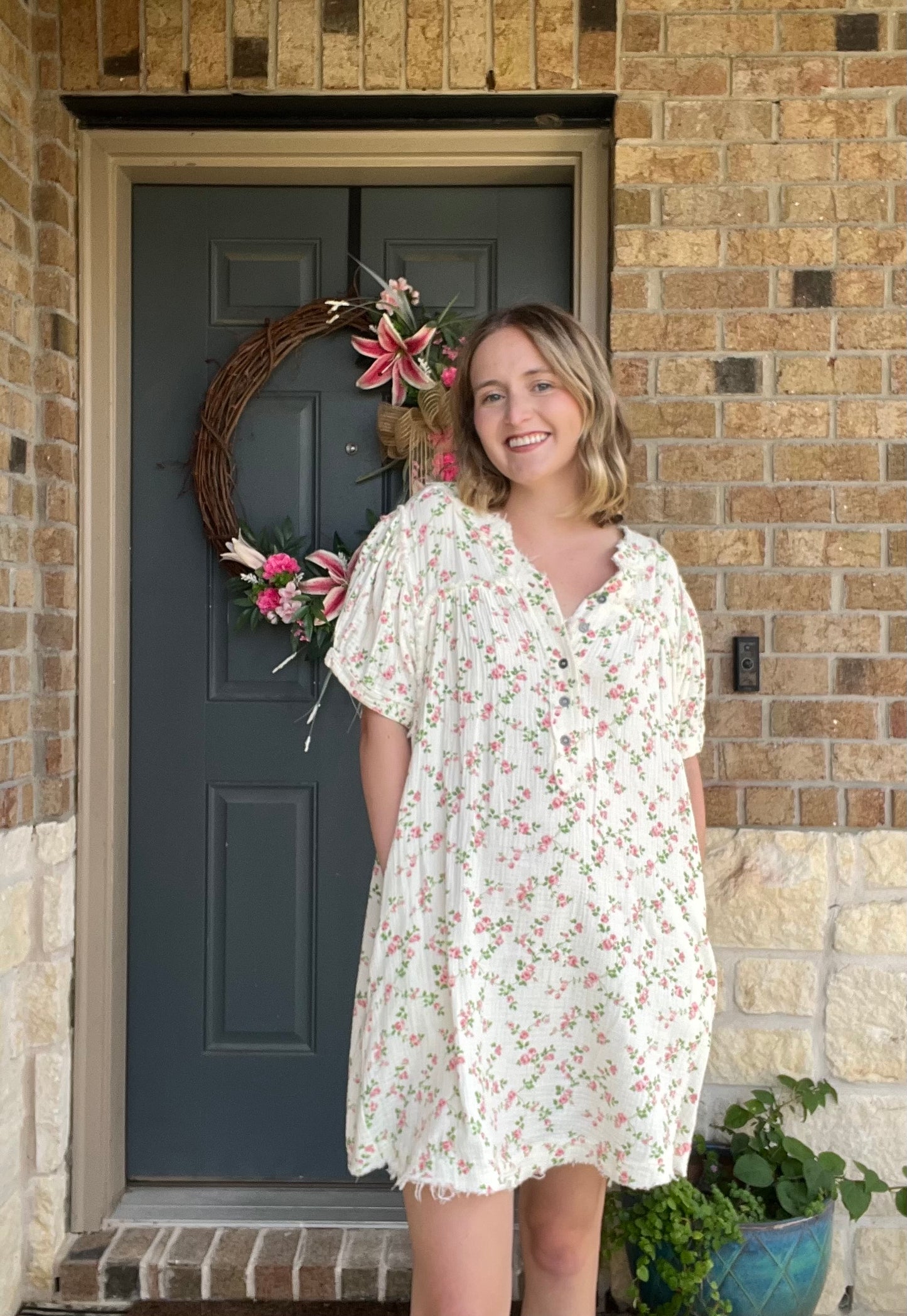 White Short Sleeve Cotton Floral Printed Dress