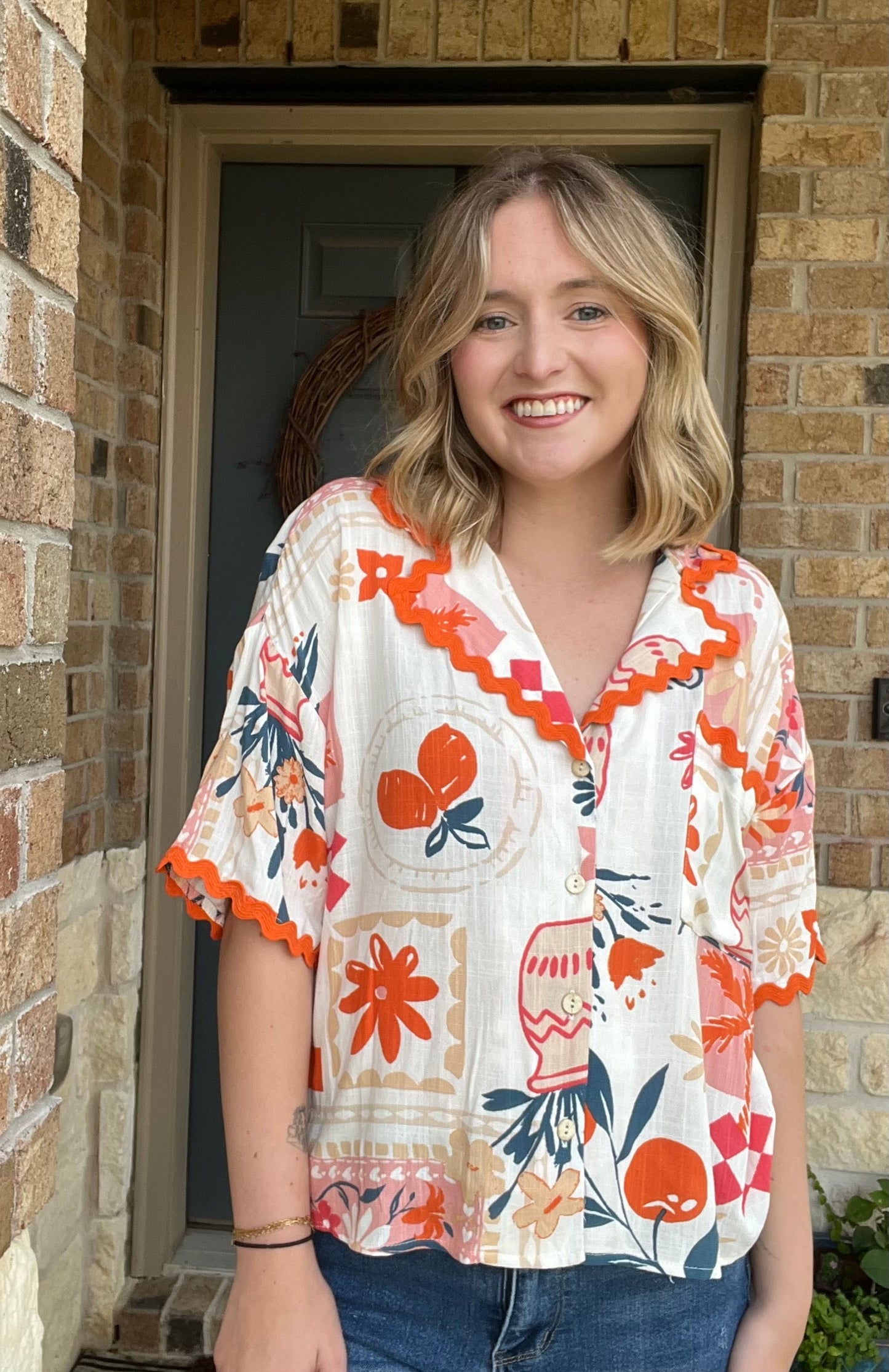 Orange Floral and Fruit Print Wavy Trim Collared Shirt