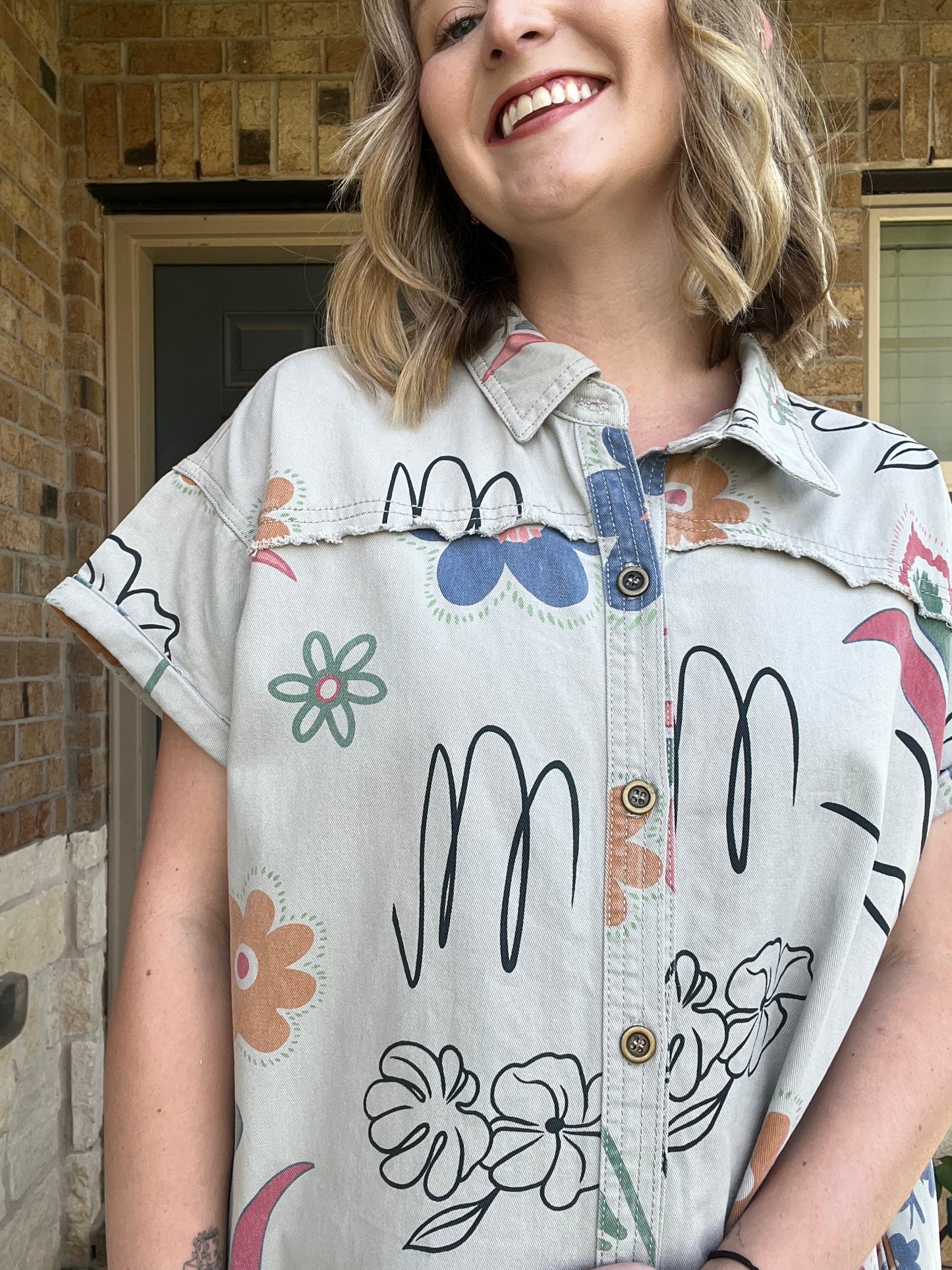 Grey Denim Short Sleeve Printed Button Down Dress