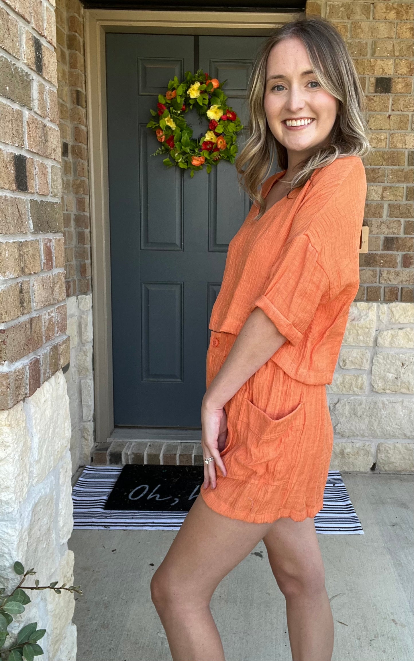 Orange Linen Button Close Shorts