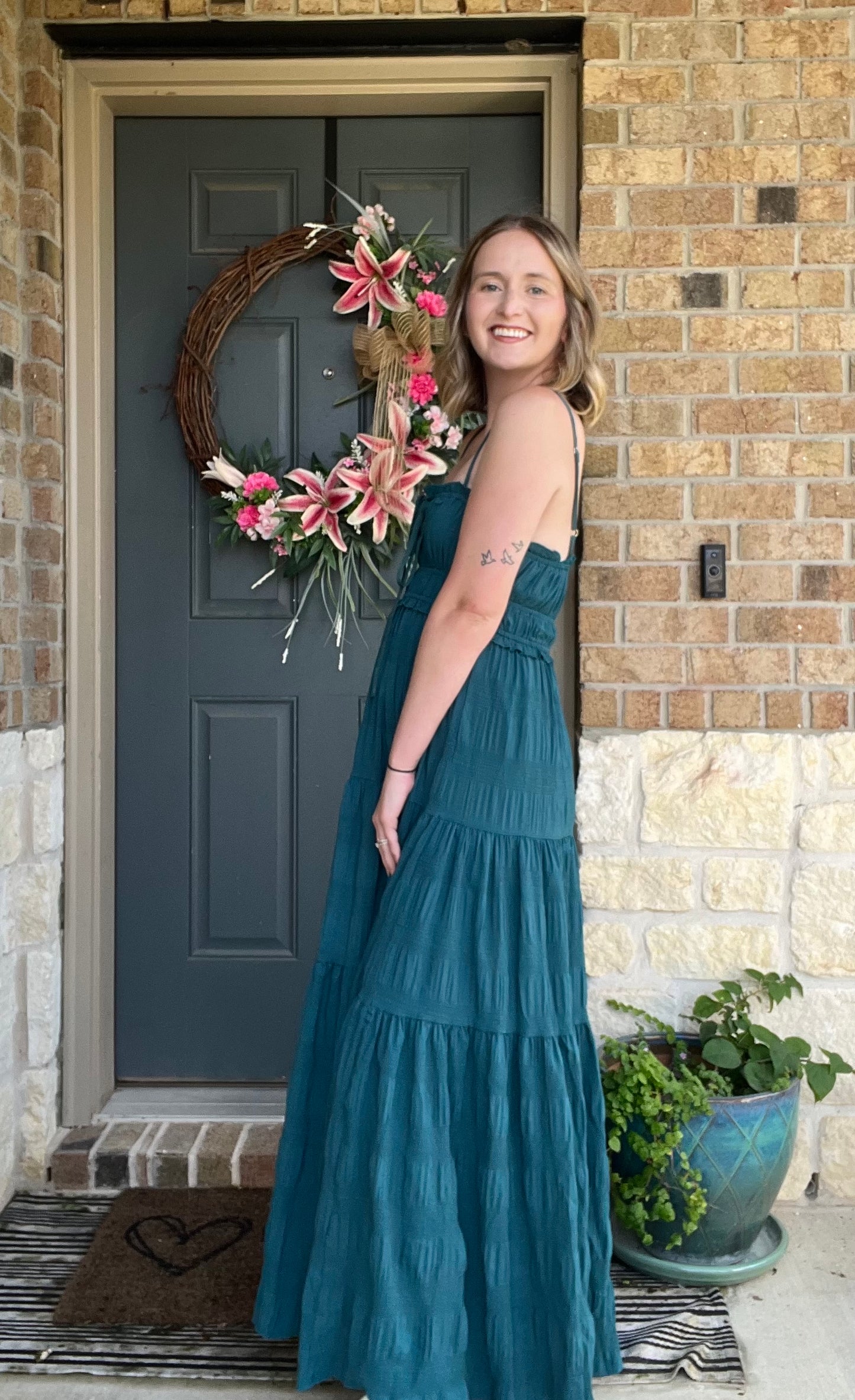 Emerald Green Tiered Sleeveless Tie Front Maxi Dress