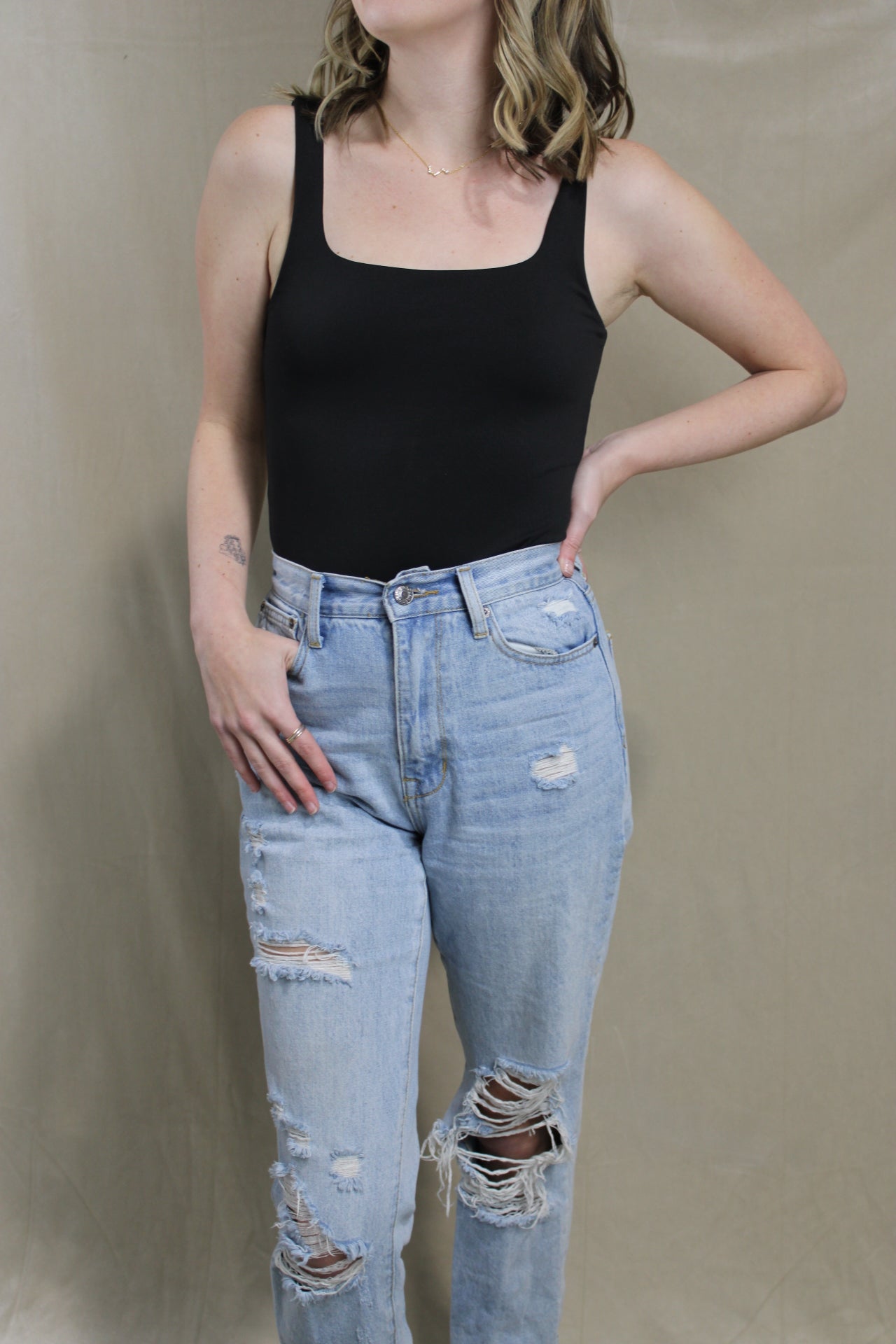 Spandex Square Neck Body Suit - Black