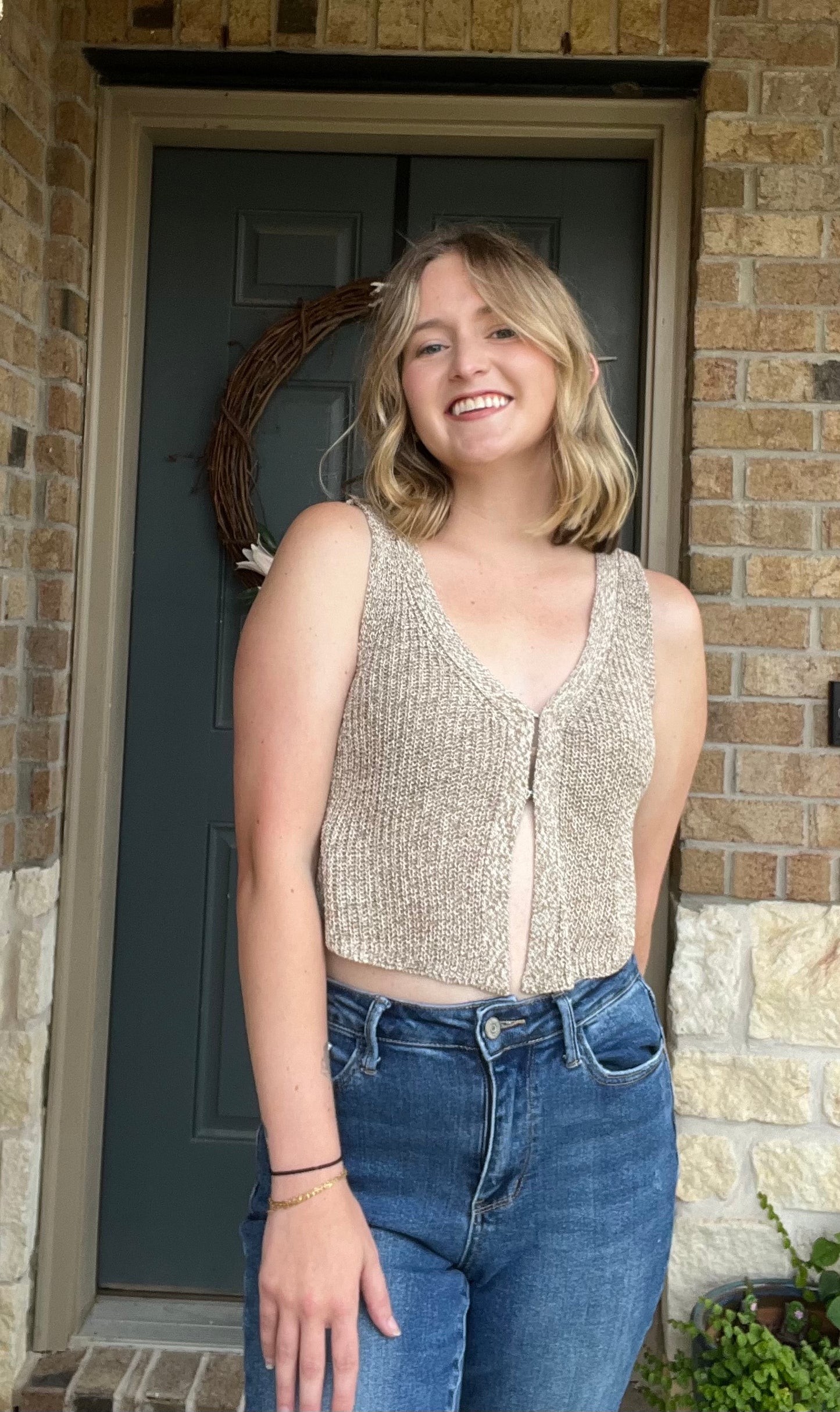 Taupe Front Hook Cropped Knit Cardigan Vest