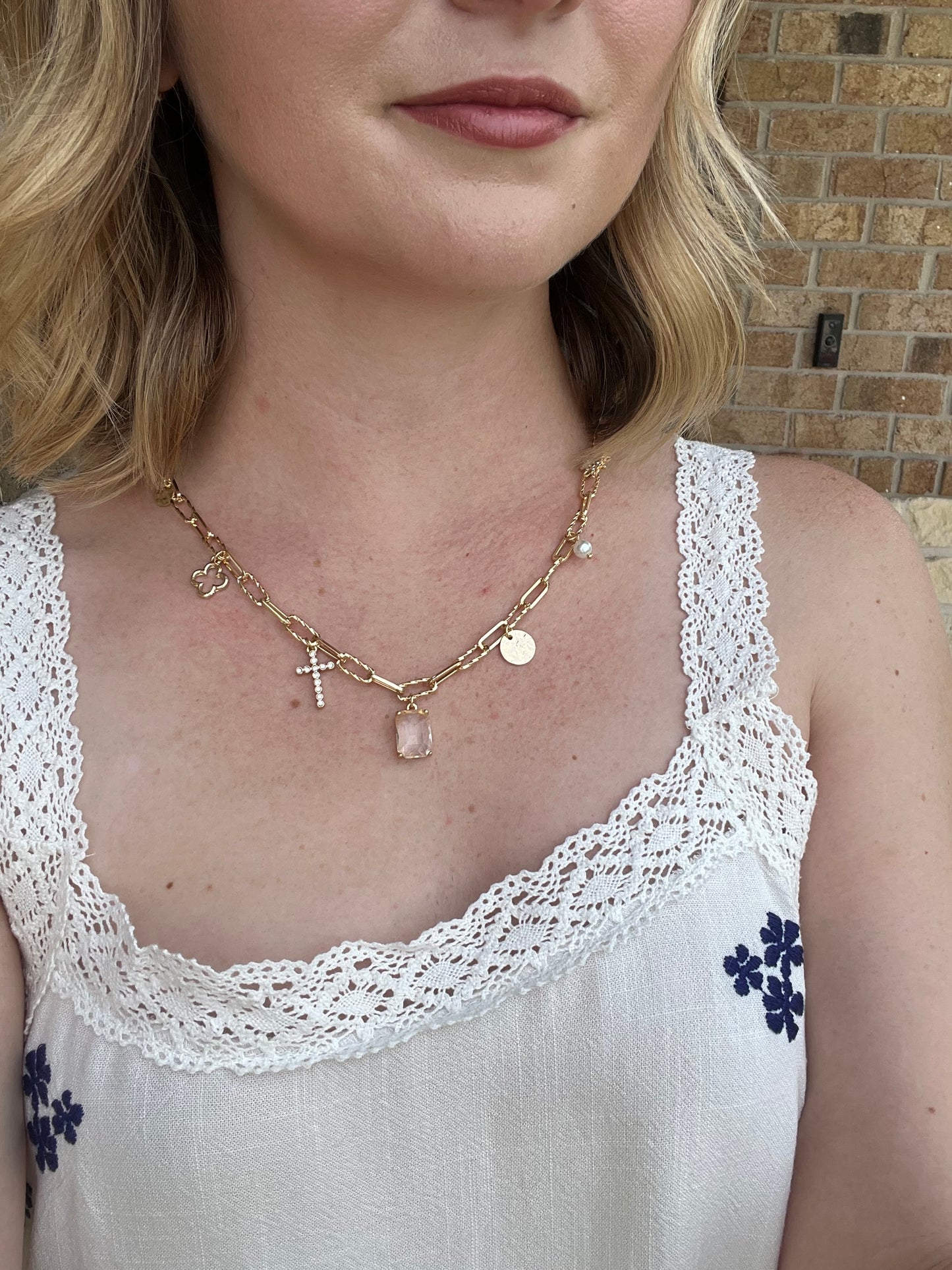 Gold Chain Charm Necklace with Crystal, Coin, and Cross Charm