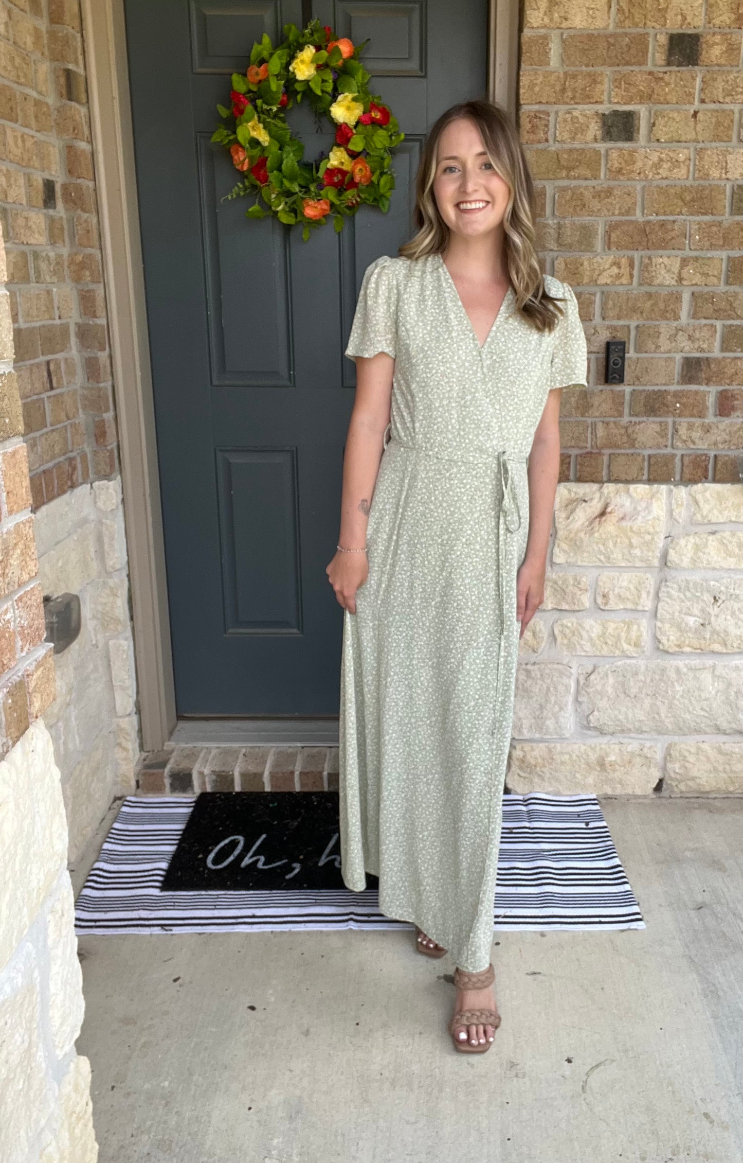 Light Green Floral Waist Tie Wrap Dress