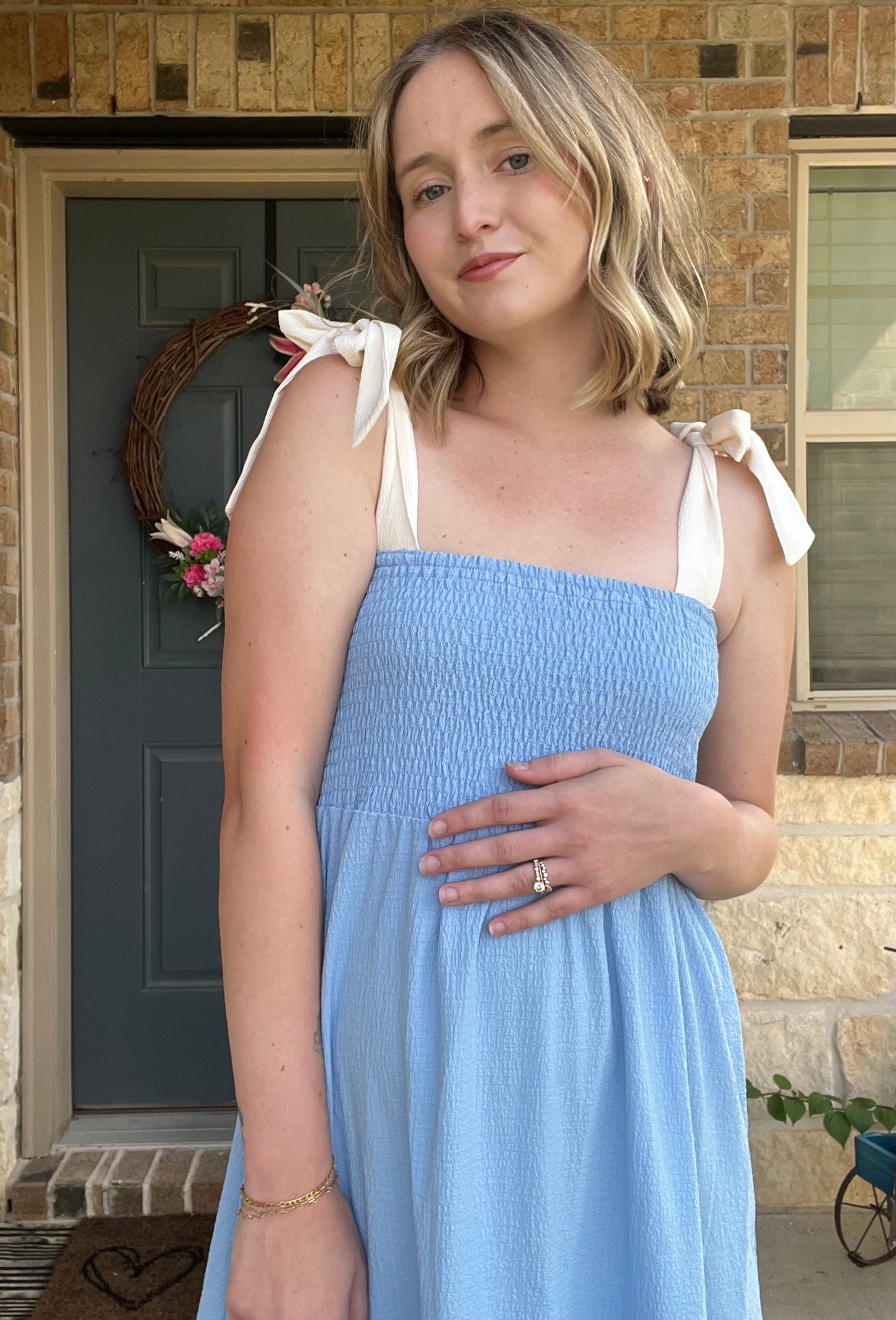 Sky Blue Cream Delilah Contrast Tie Strap Smocked Dress