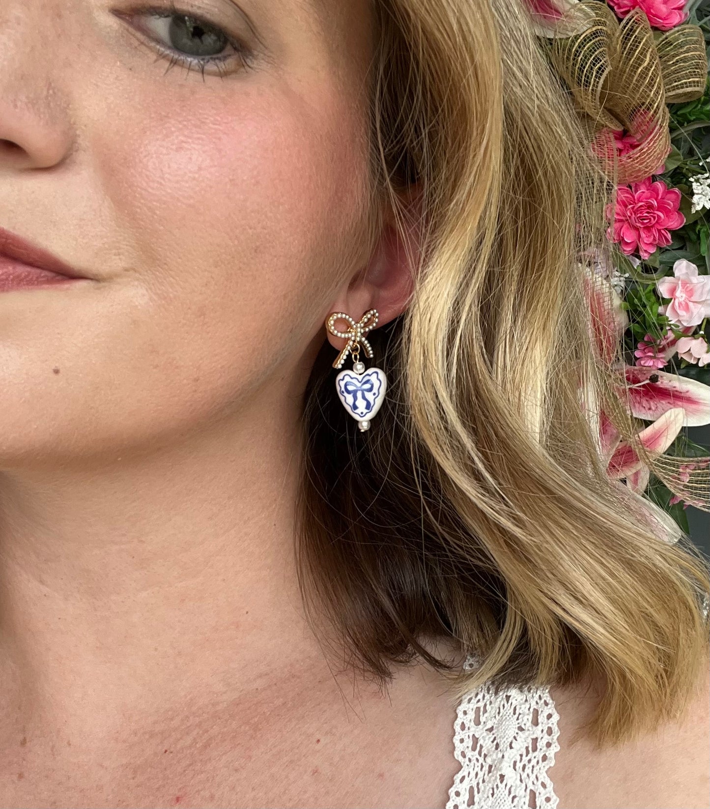 Gold Open Bow Stud with Blue and White Ceramic Heart Drop Earrings